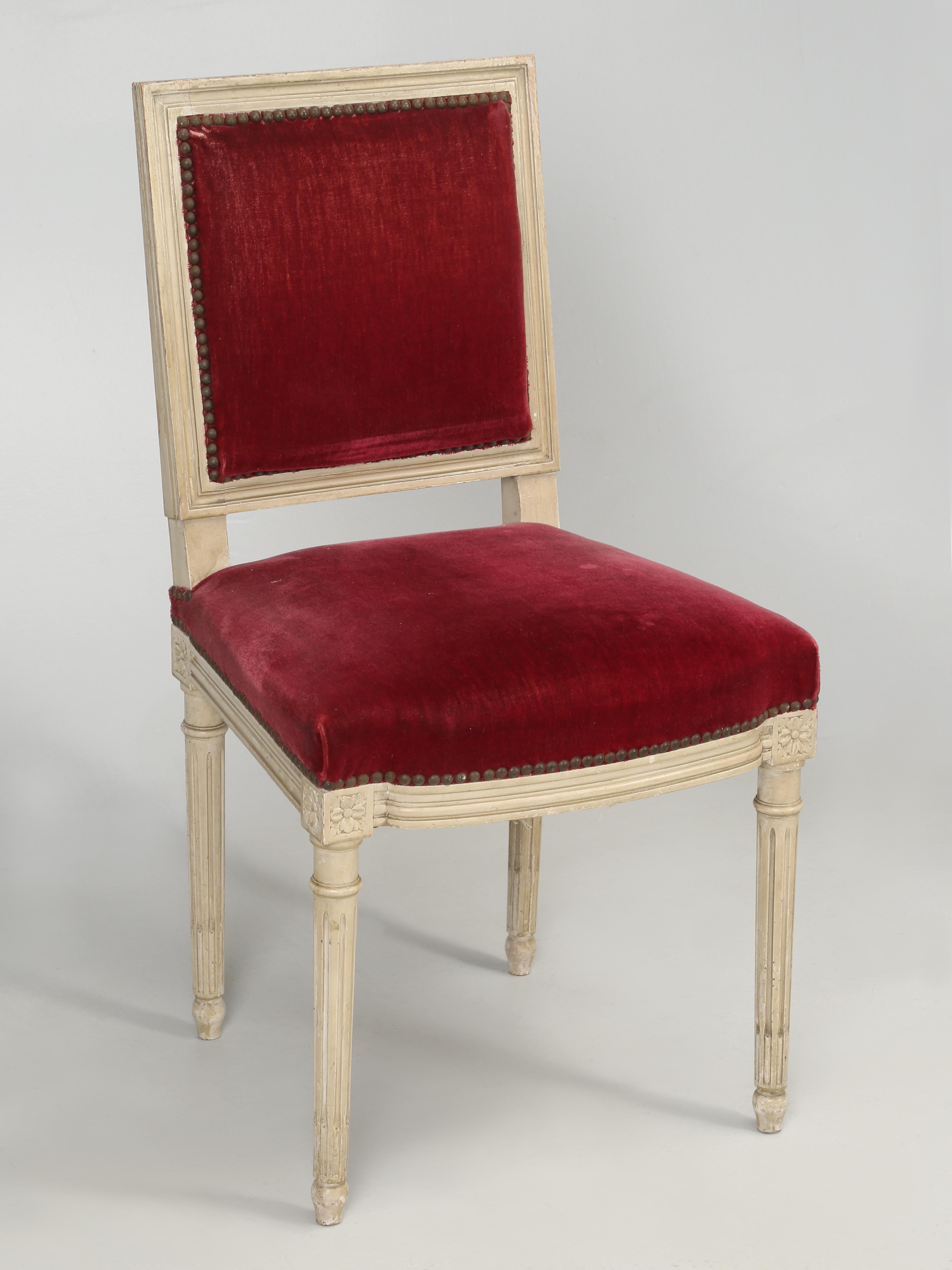 Hand-Carved Vintage French Set '6' Louis XVI Style Dining Chairs, Original Paint and Mohair