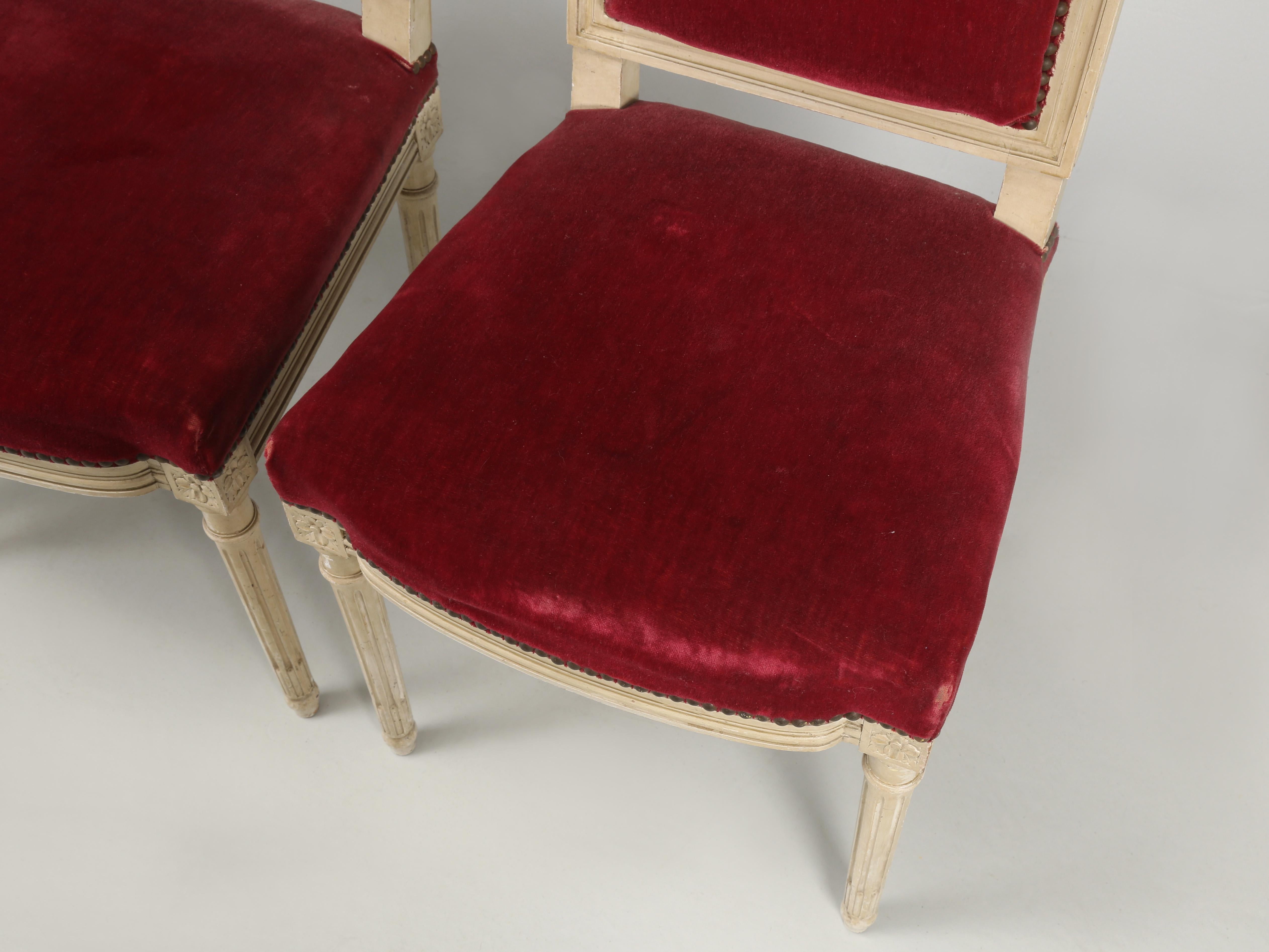 Vintage French Set '6' Louis XVI Style Dining Chairs, Original Paint and Mohair 3