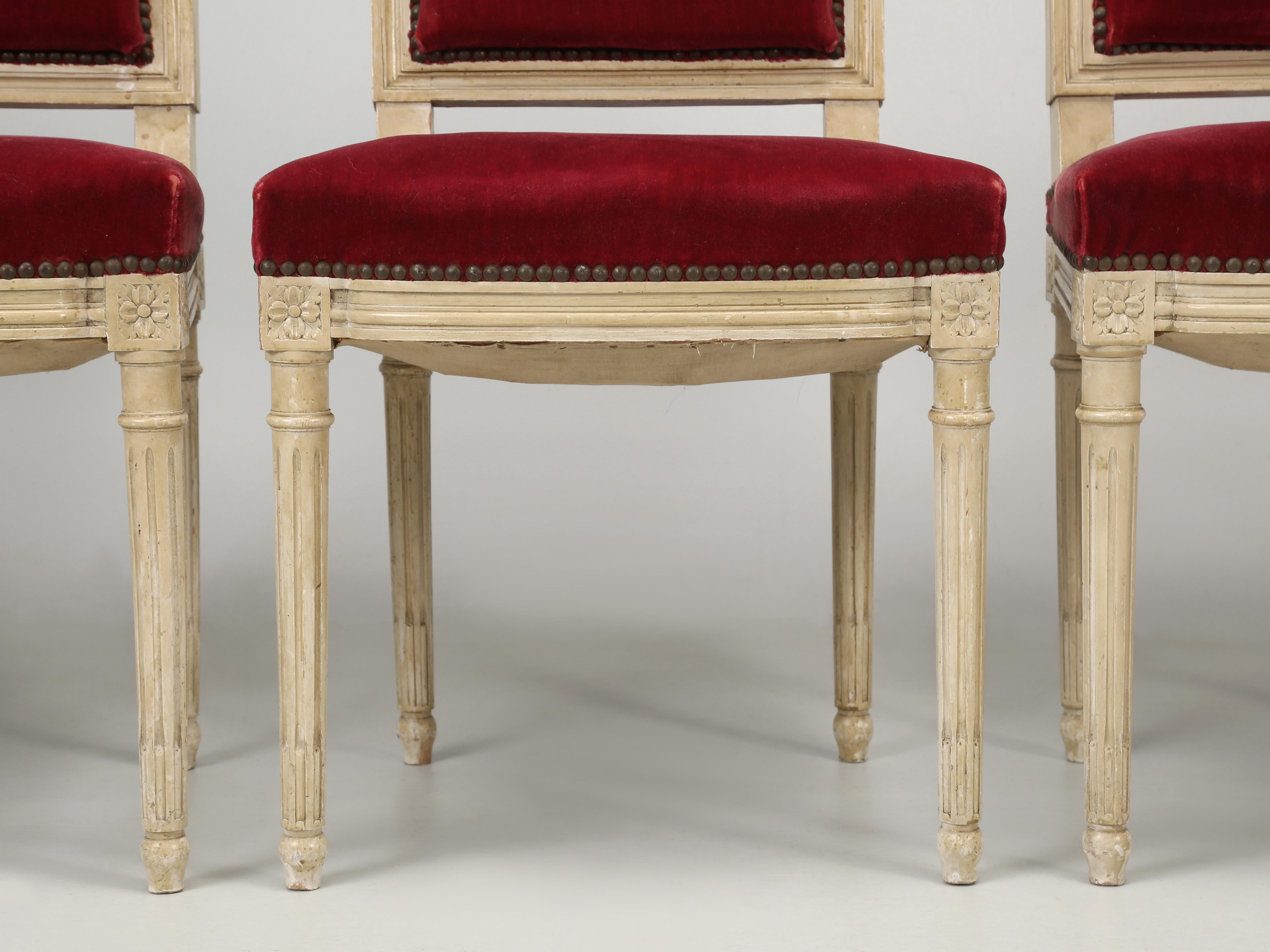 Vintage French Set '6' Louis XVI Style Dining Chairs, Original Paint and Mohair 4