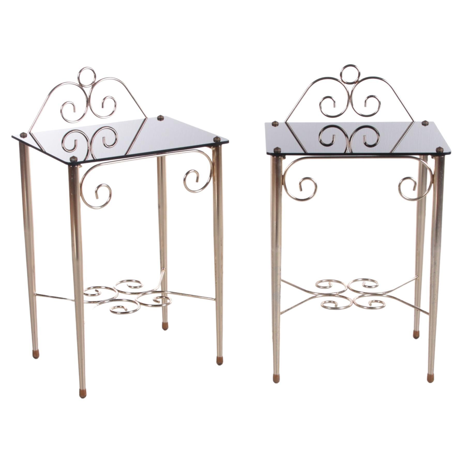 Vintage French Set Chic Bedside Tables Made of Glass and Brass