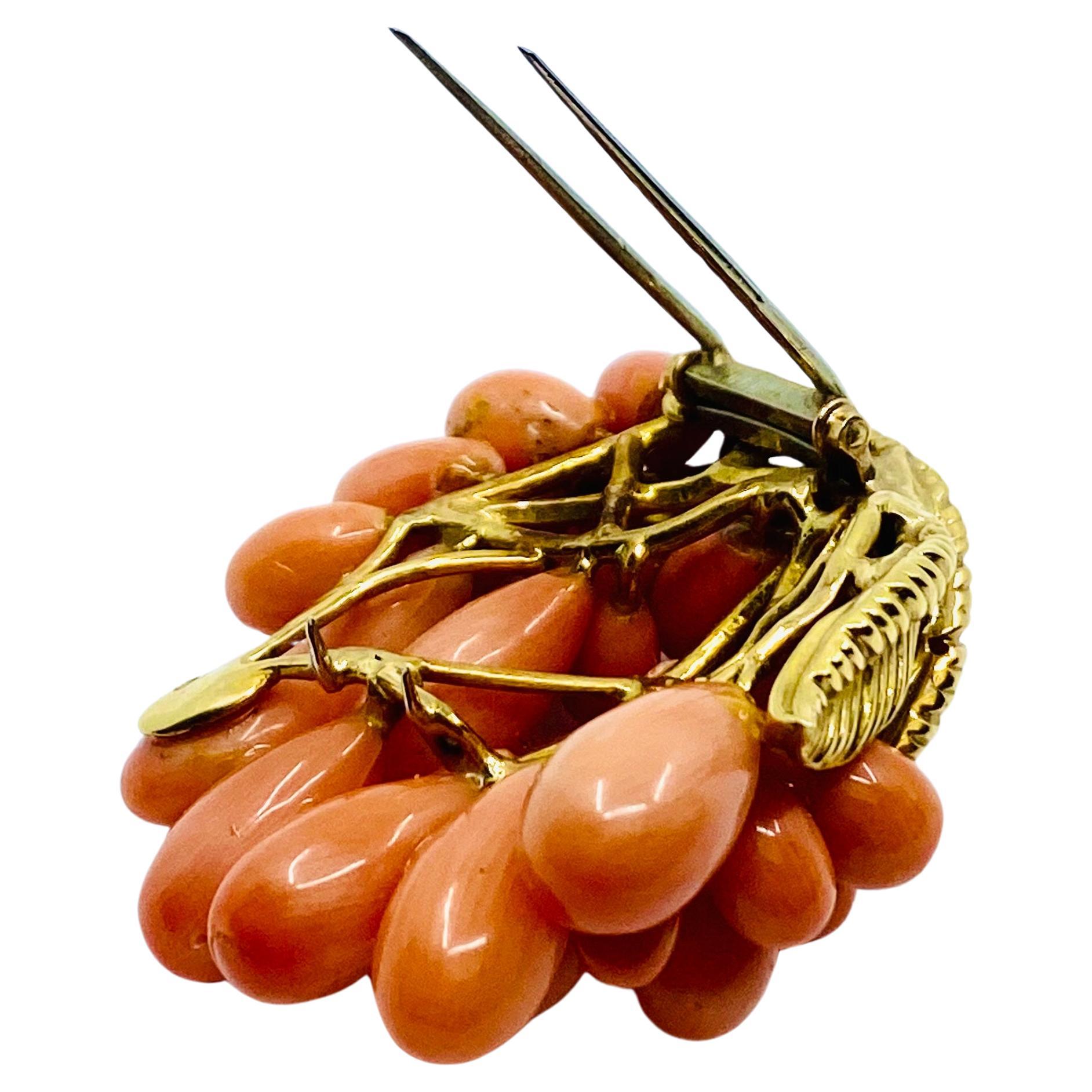 Vintage French Set Coral Earrings Brooch 18k Gold For Sale 6