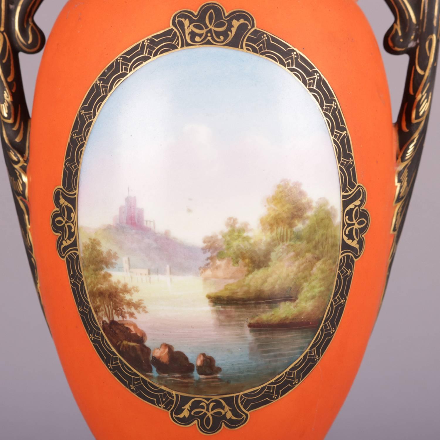 Vintage French Sevres School table lamp features urn form hand-painted and gilt porcelain base with Venetian harbor scene reserve, professionally rewired, 20th century

Measures: 30