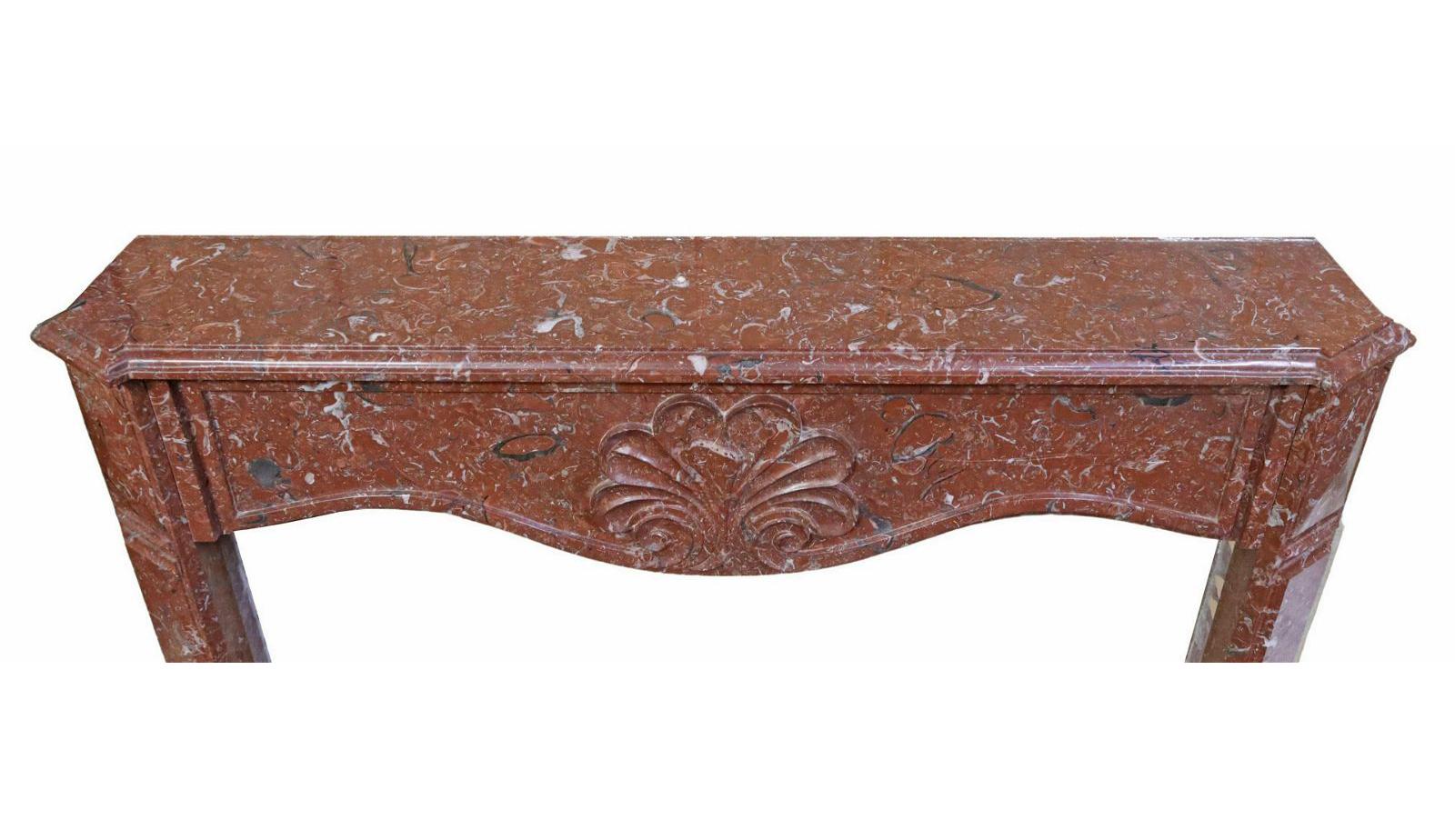 French Provincial Vintage French Shell Carved Red Marble Fireplace Surround For Sale