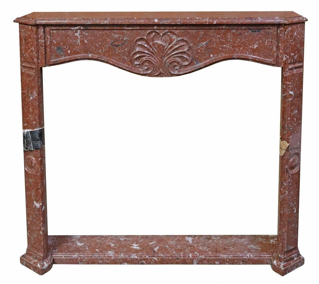 Hand-Carved Vintage French Shell Carved Red Marble Fireplace Surround For Sale