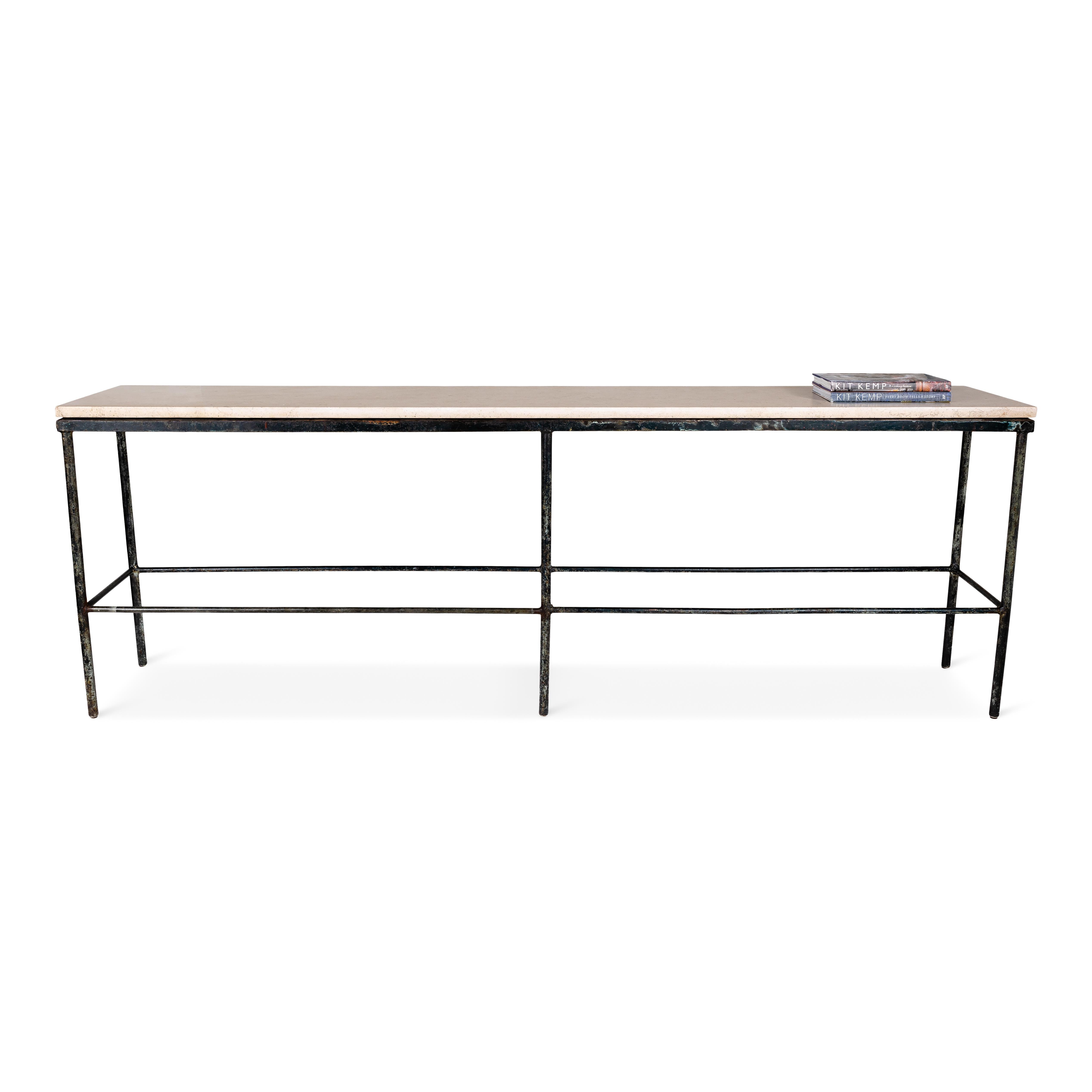 Vintage french shop table with beautifully weathered metal base and crema marfil stone top.

Piece from of our one of a kind collection, Le Monde. Exclusive to Brendan Bass.

Globally curated by Brendan Bass, Le Monde furniture and accessories offer