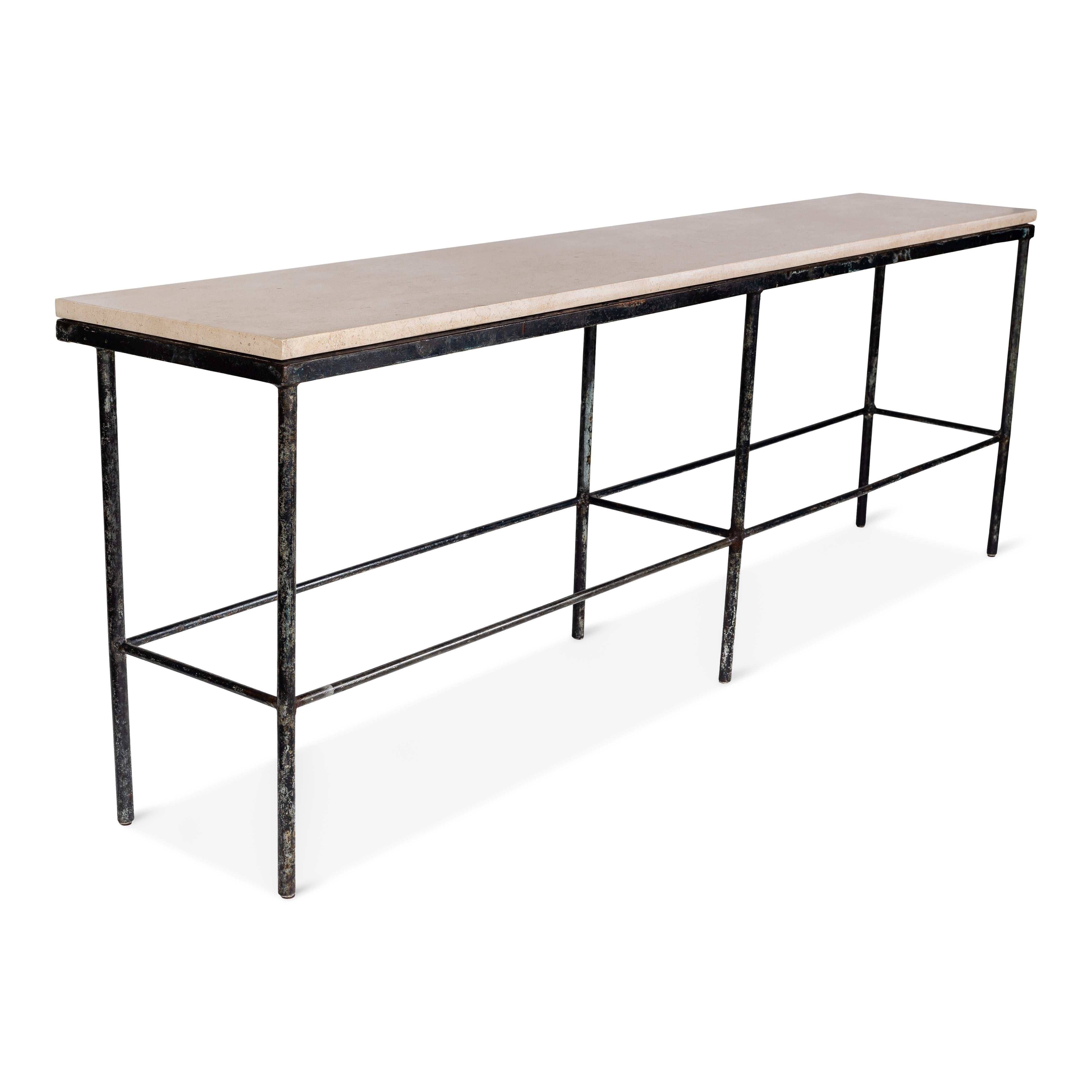 Industrial Vintage French Shop Table with Crema Marfil Stone Top