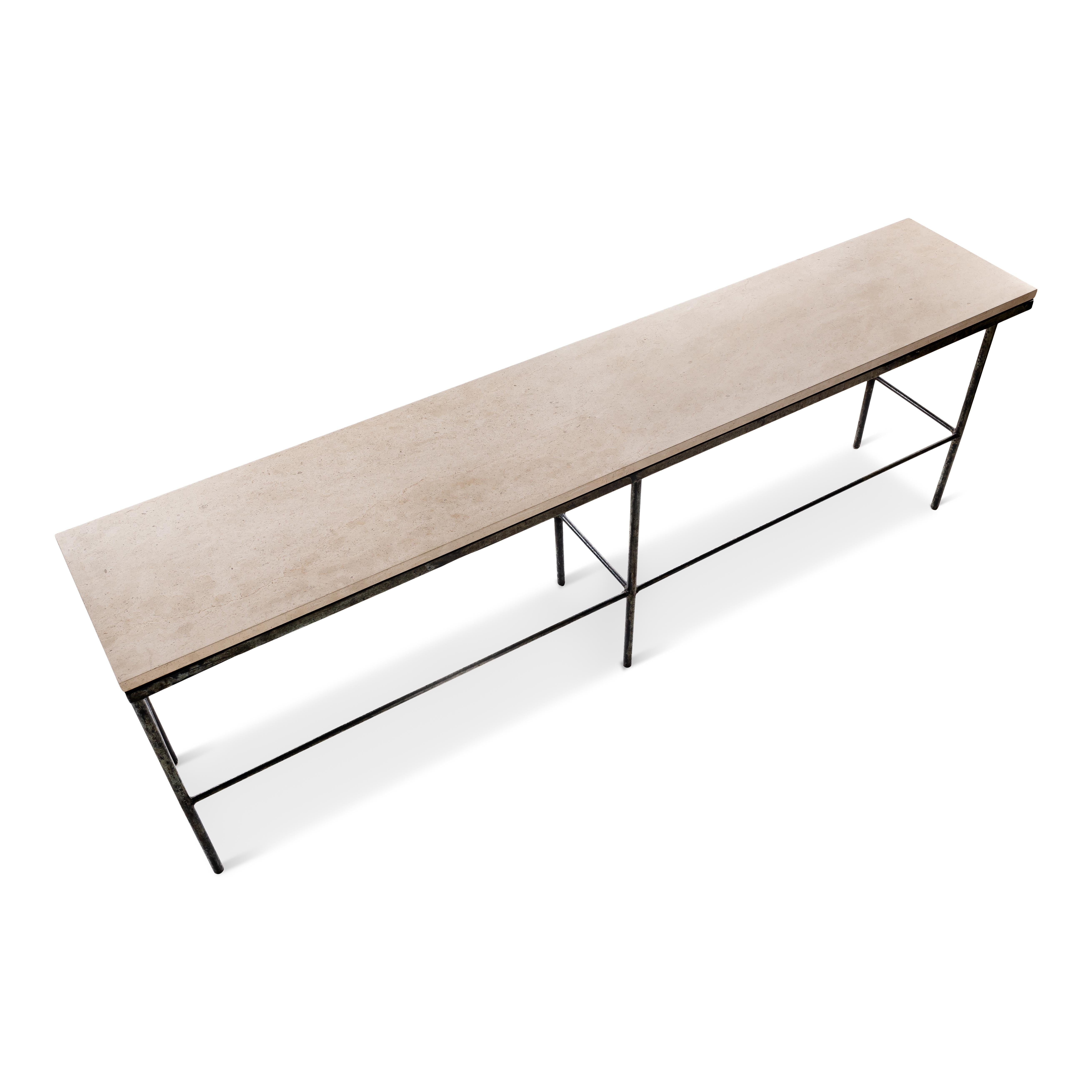Vintage French Shop Table with Crema Marfil Stone Top In Good Condition In Dallas, TX