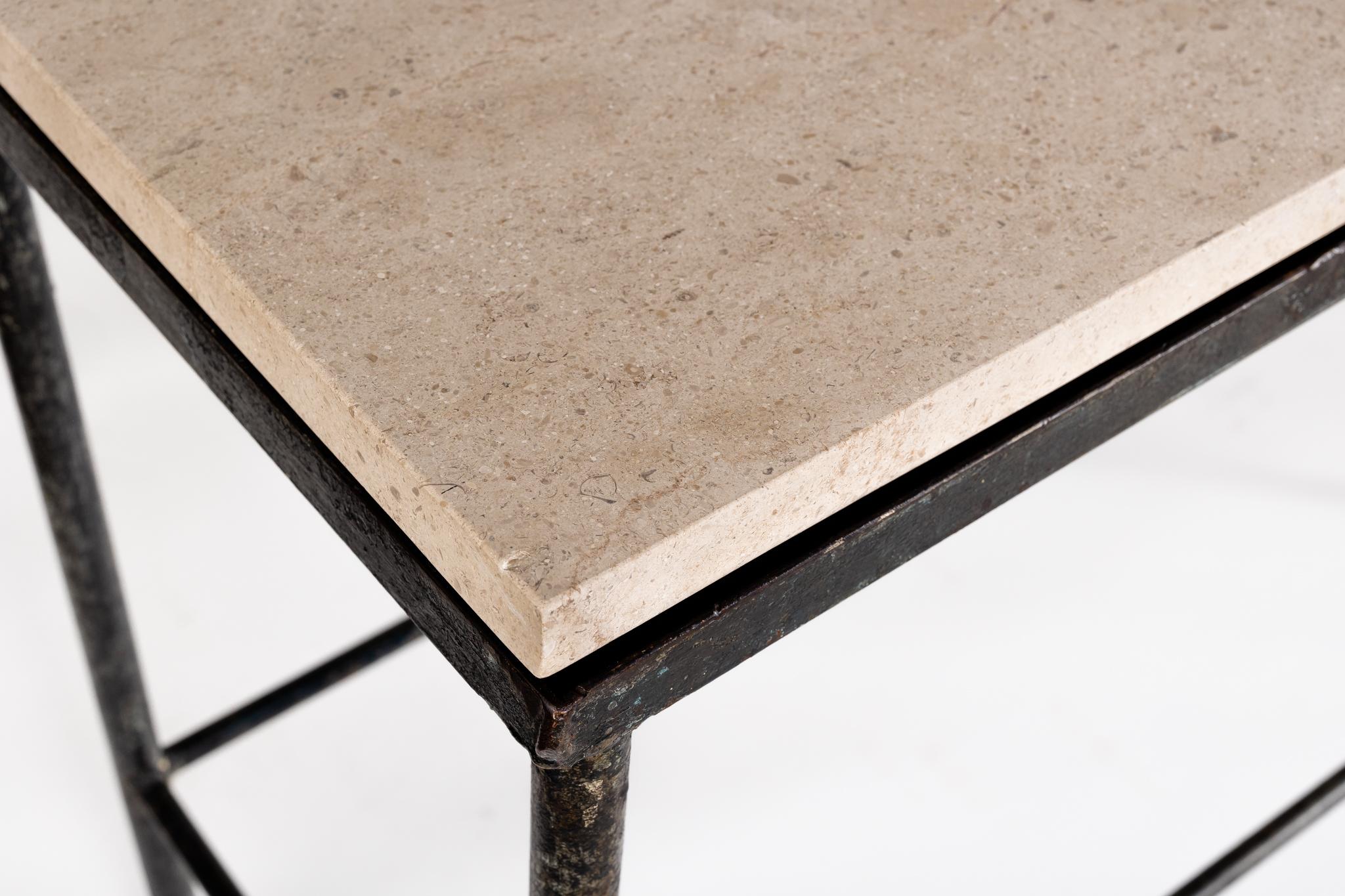 Metal Vintage French Shop Table with Crema Marfil Stone Top