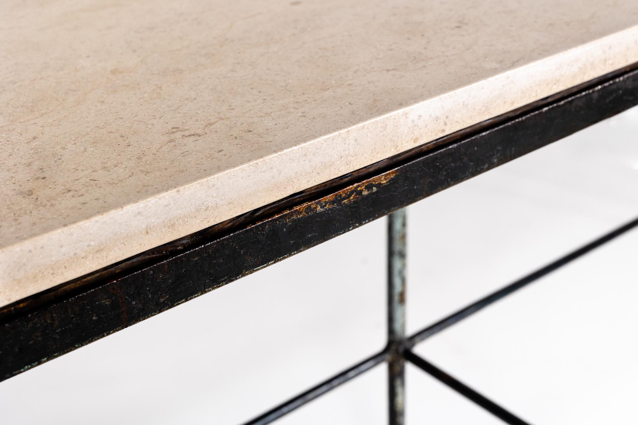 Vintage French Shop Table with Crema Marfil Stone Top 1