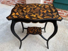 Vintage French Side Table Chinoiserie Butterfly Black Lacquer Hollywood Regency