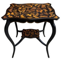 Vintage French Side Table Chinoiserie Butterfly Black Lacquer Hollywood Regency