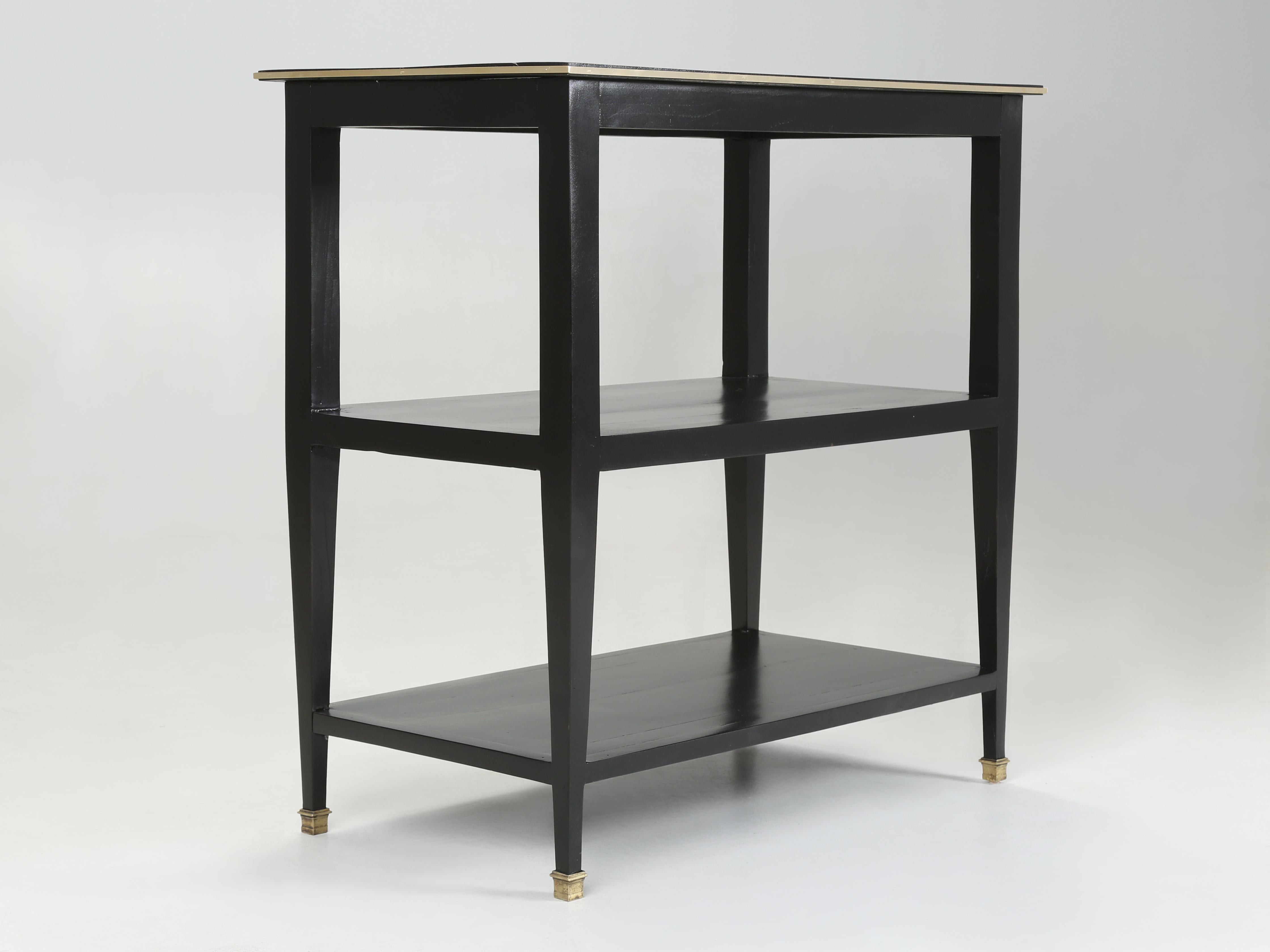 Vintage French Side Table or End Table Restored with Ebonized Finish Brass Trim In Good Condition For Sale In Chicago, IL