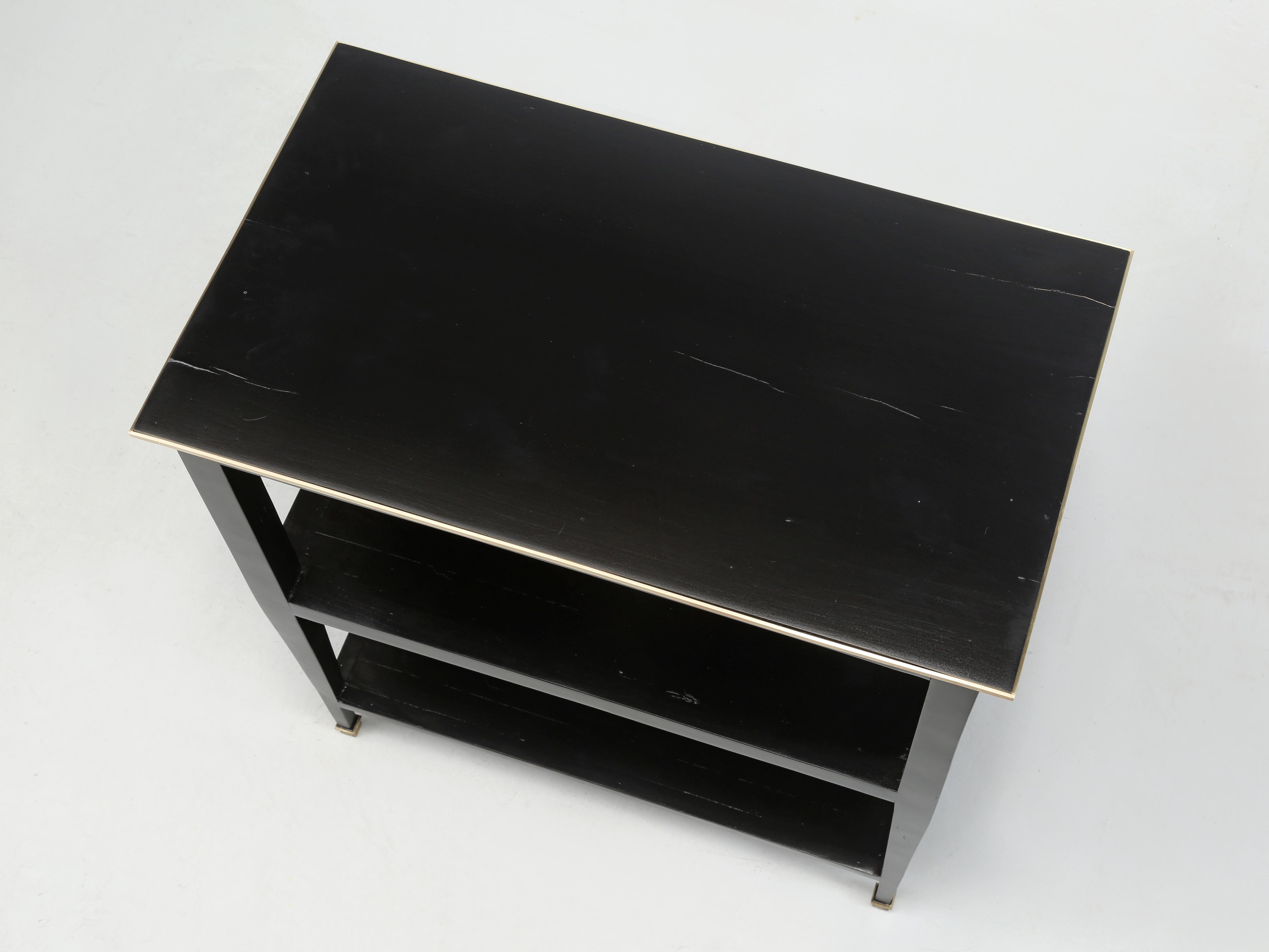 Mid-20th Century Vintage French Side Table or End Table Restored with Ebonized Finish Brass Trim For Sale