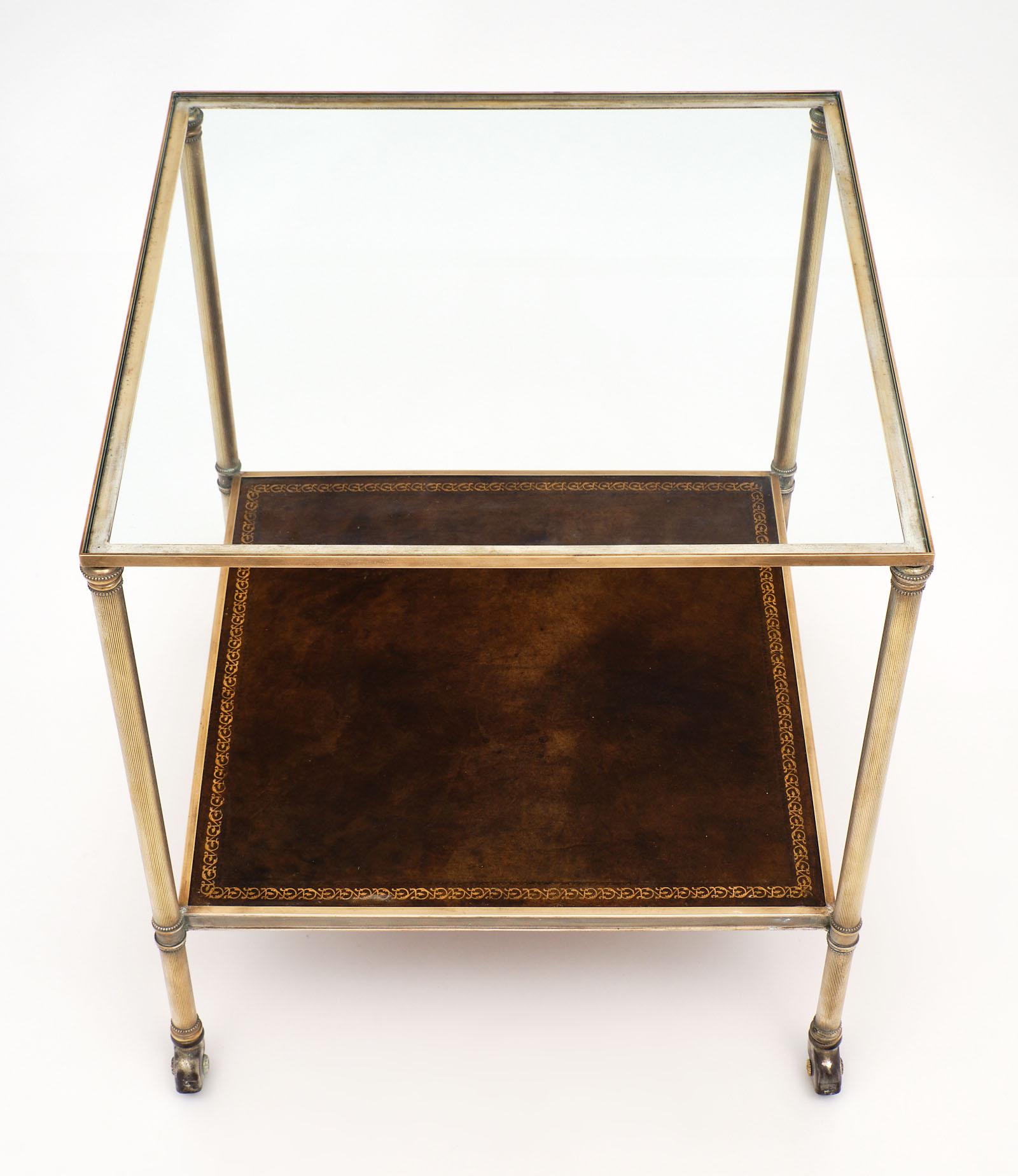 Brass Vintage French Side Table with Leather Shelf