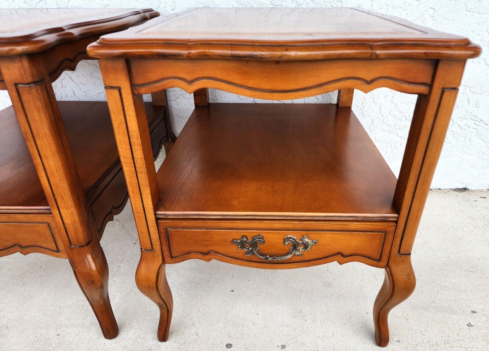 French Provincial Vintage French Side Tables Walnut Leather Top by HAMMARY For Sale