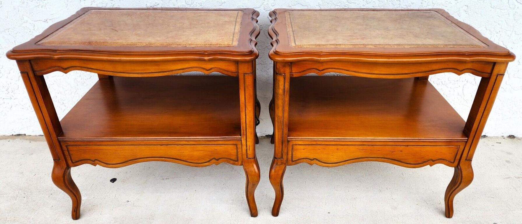 Vintage French Side Tables Walnut Leather Top by HAMMARY In Good Condition For Sale In Lake Worth, FL