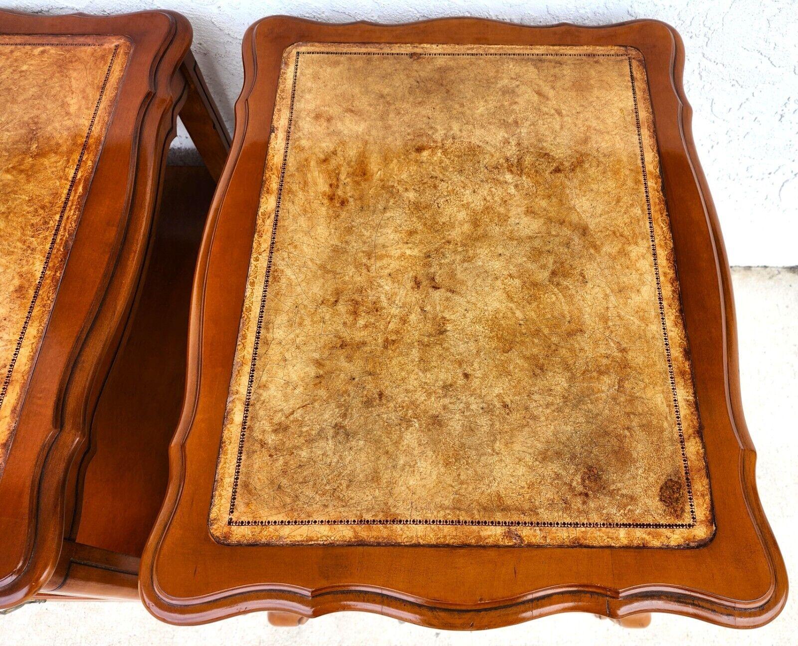 Vintage French Side Tables Walnut Leather Top by HAMMARY For Sale 1
