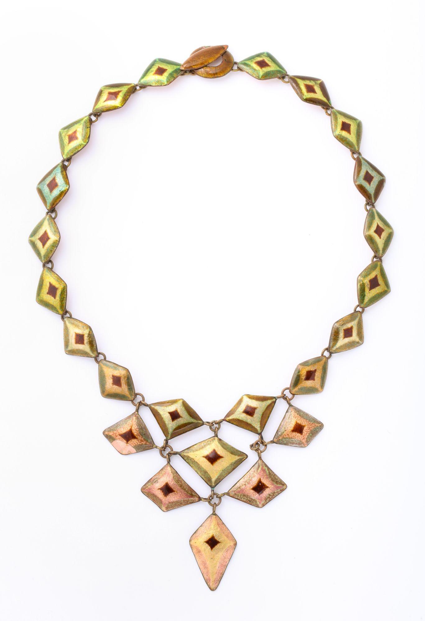A period French enamel over copper necklace with diamond pattern geometrical decoration signed by Jewelry desiigner Loutzia.


Loutzia is the name and brand of a Parisian enamel workshop, contraction of the names of its two founders, Marie-Louise