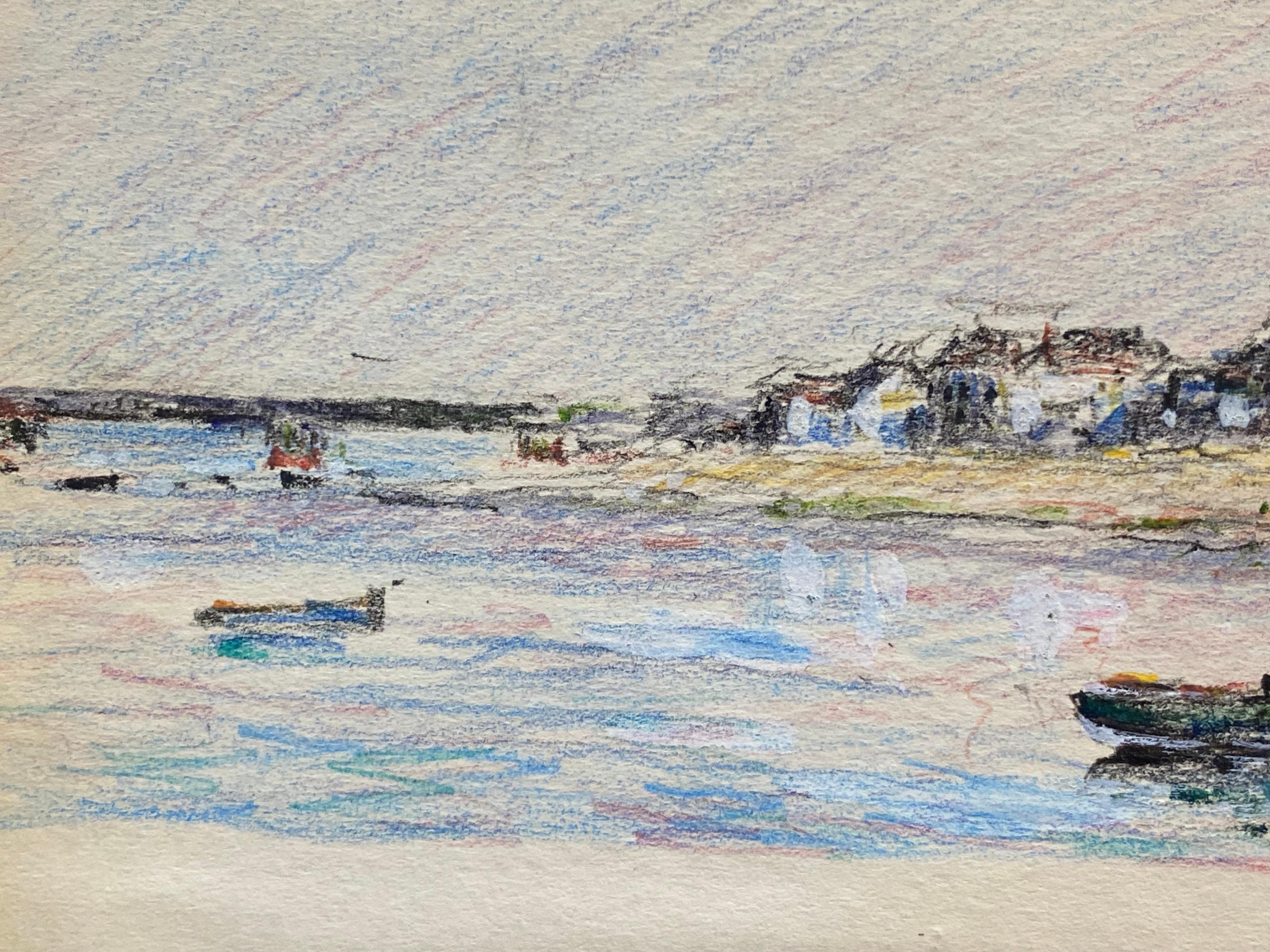 Vintage French Signed Impressionist Crayon Drawing Brittany Coastline Boats In Good Condition For Sale In Cirencester, GB