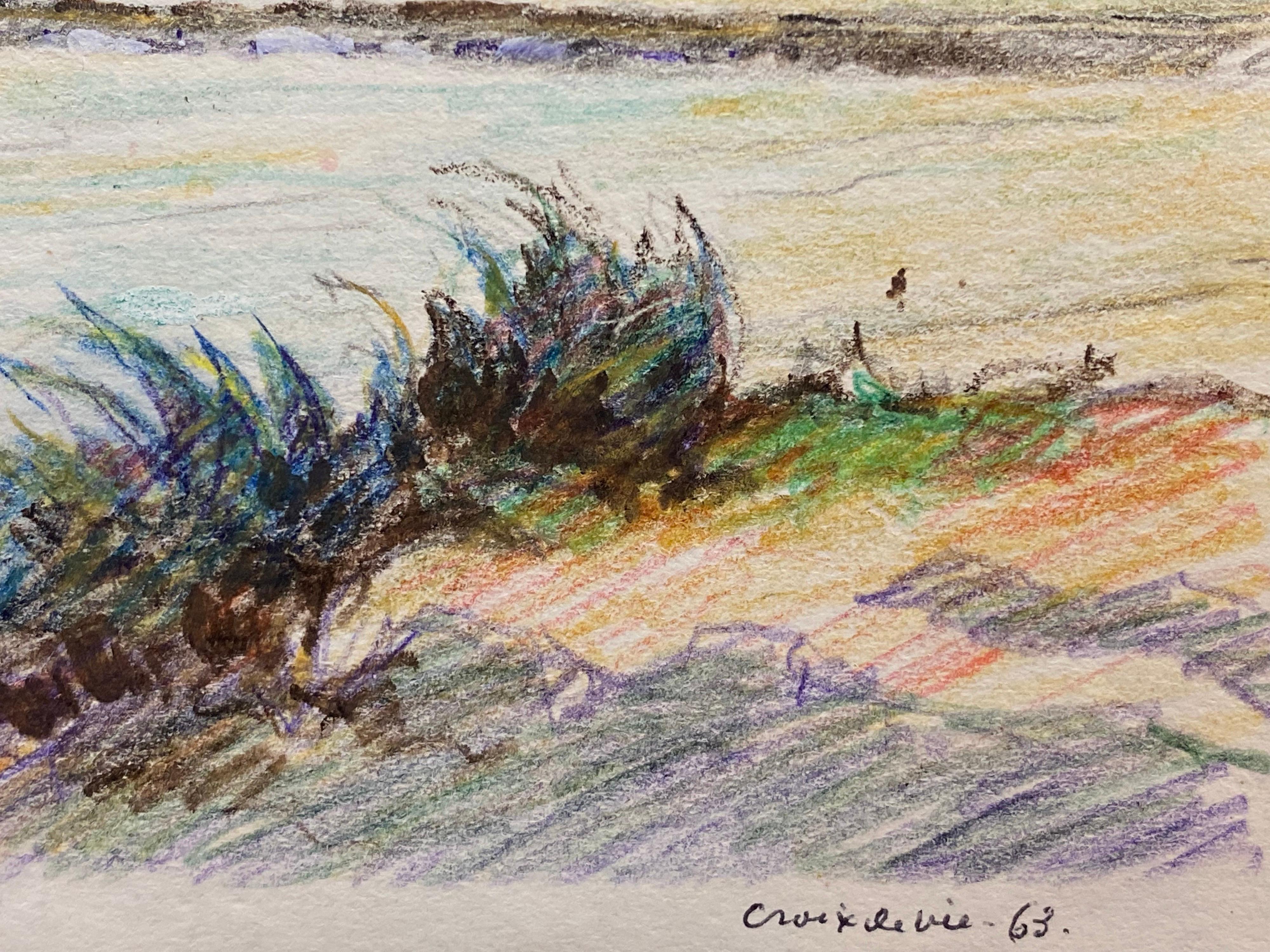 20ième siècle Drawing crayon impressionniste français vintage français signé - Paysage marin en Bretagne côtière en vente