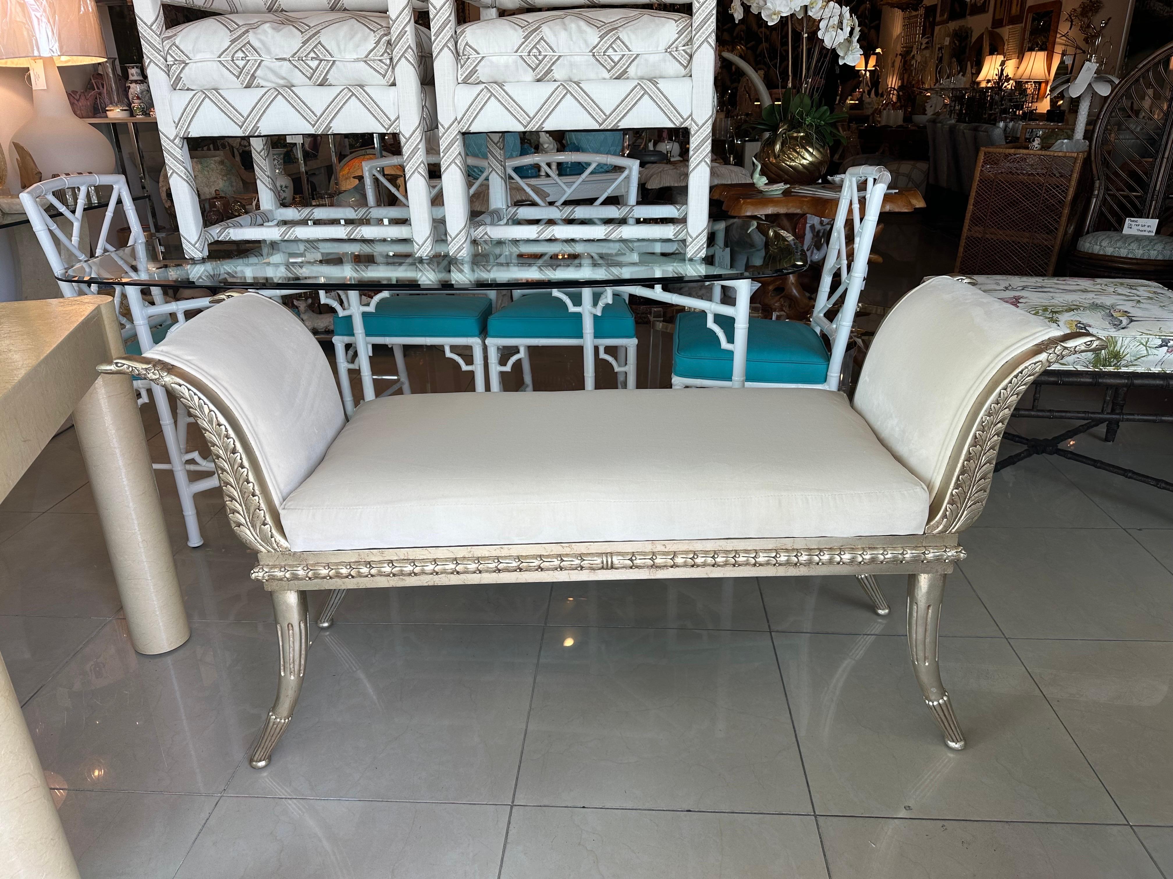 Art Nouveau French Swan Silver Gilt Bird Wood Bench Ivory Schmaucher Upholstered  For Sale