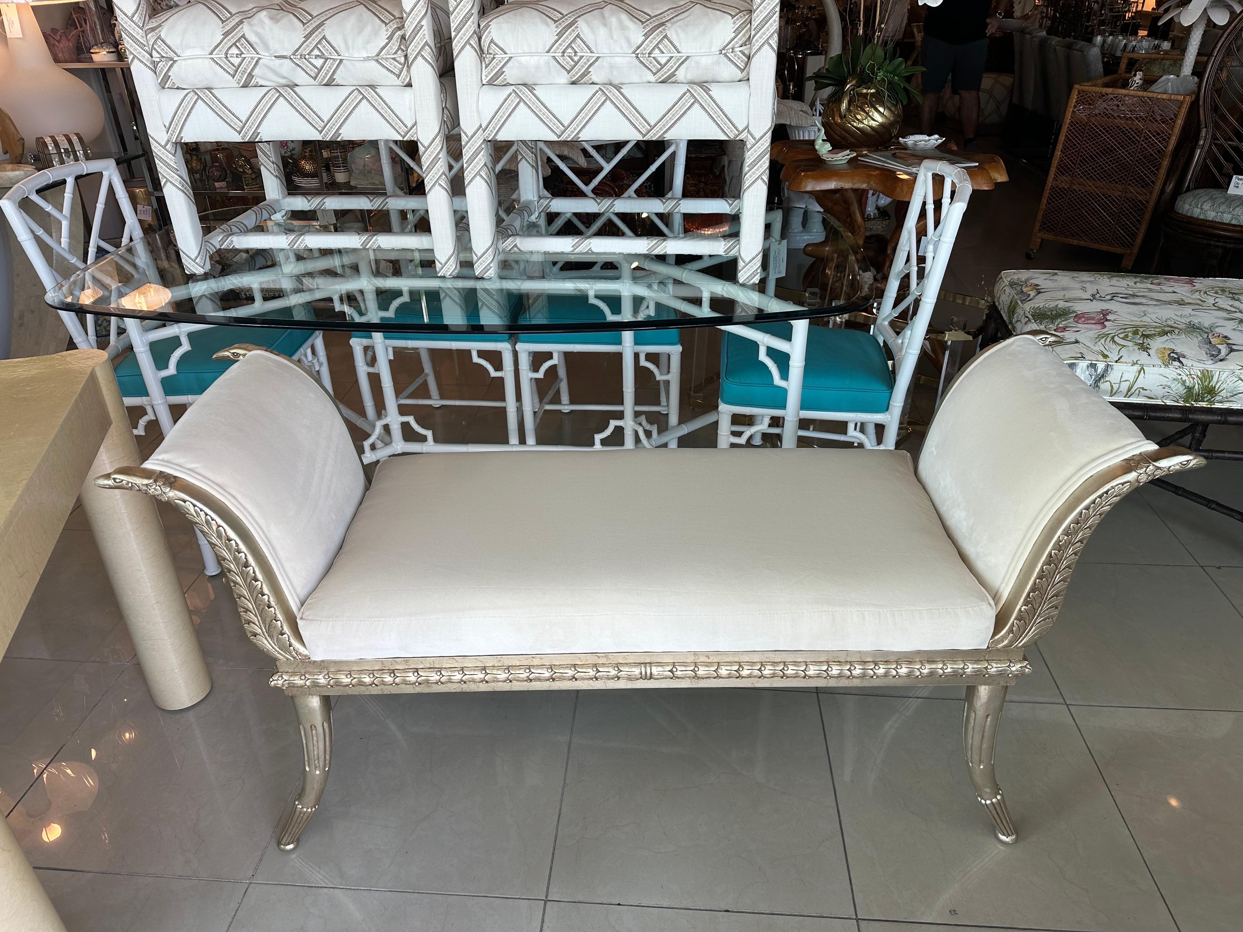 French Swan Silver Gilt Bird Wood Bench Ivory Schmaucher Upholstered  In Good Condition For Sale In West Palm Beach, FL