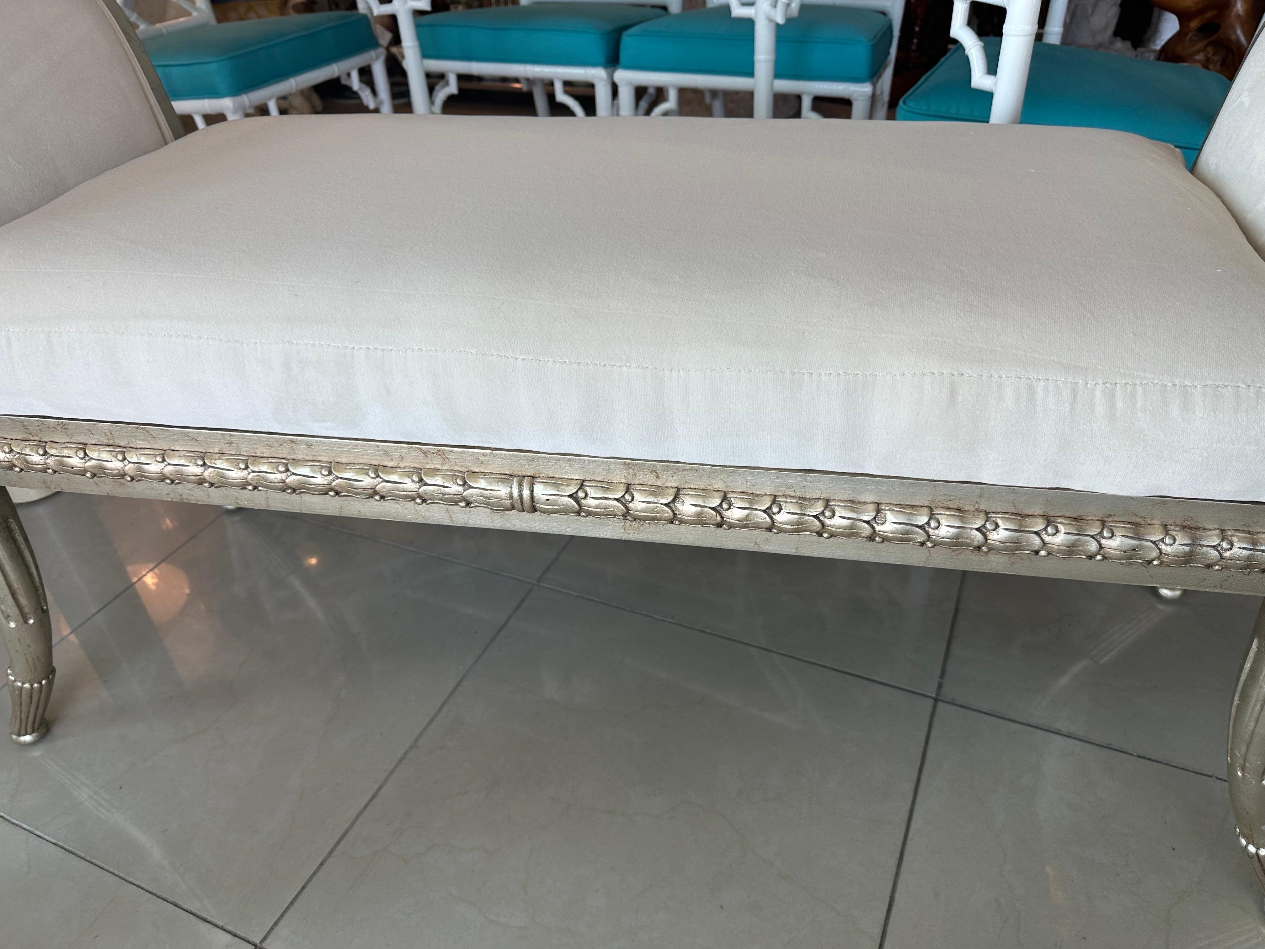 Mid-20th Century French Swan Silver Gilt Bird Wood Bench Ivory Schmaucher Upholstered  For Sale