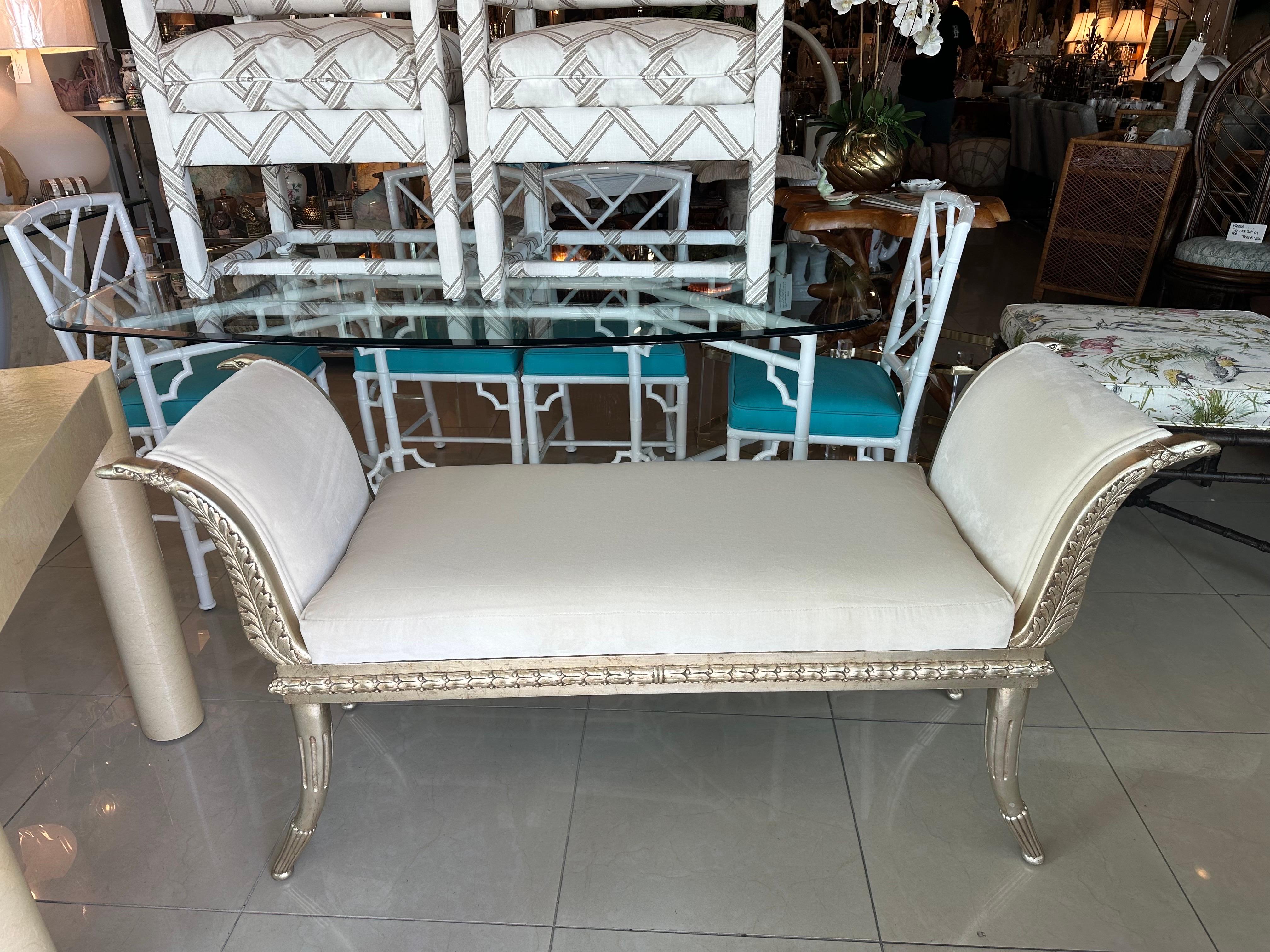 French Swan Silver Gilt Bird Wood Bench Ivory Schmaucher Upholstered  For Sale 1
