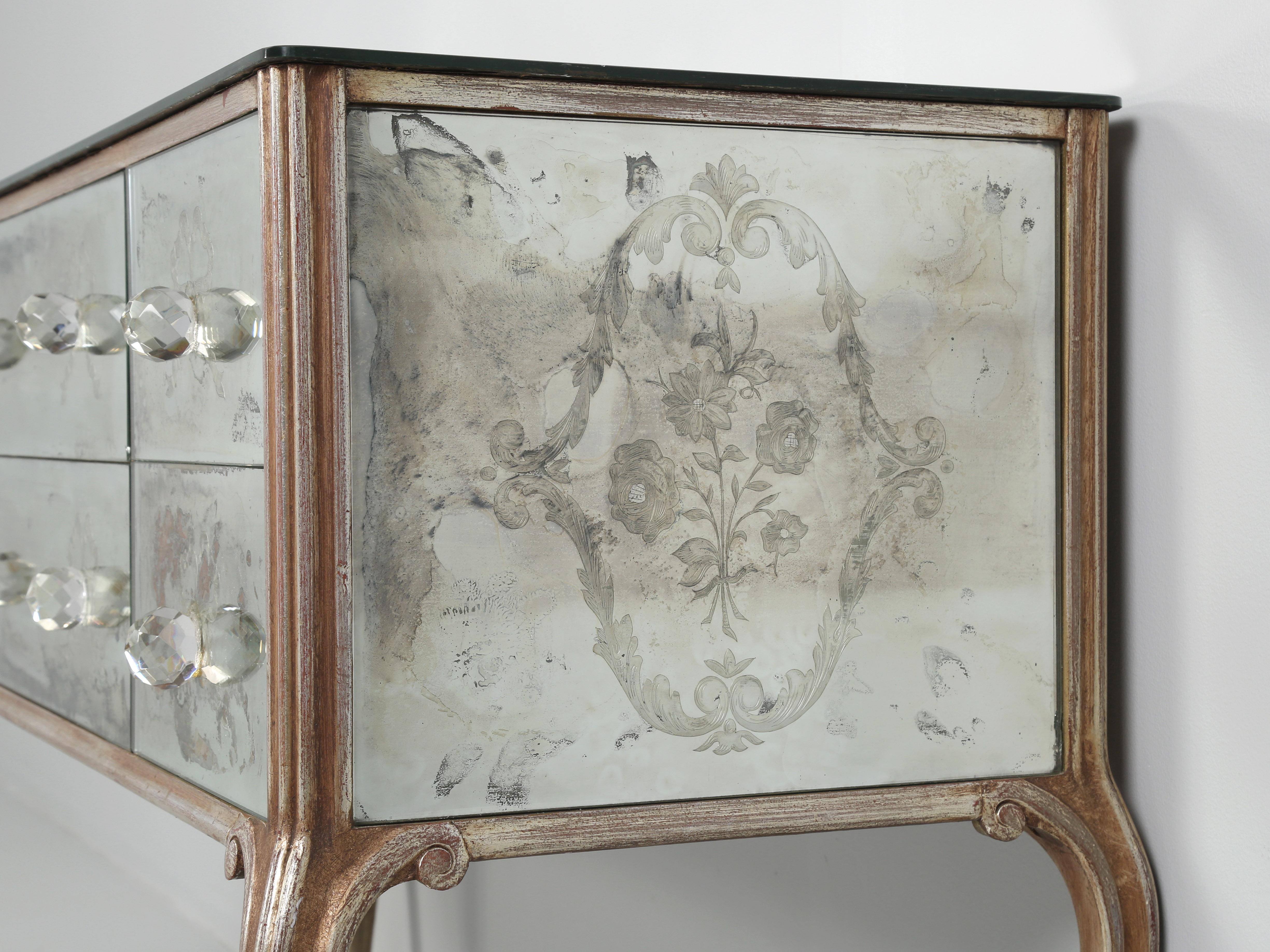 Etched Vintage French Silver-Leaf Mirrored Dresser in the Style of Louis XV c1940's