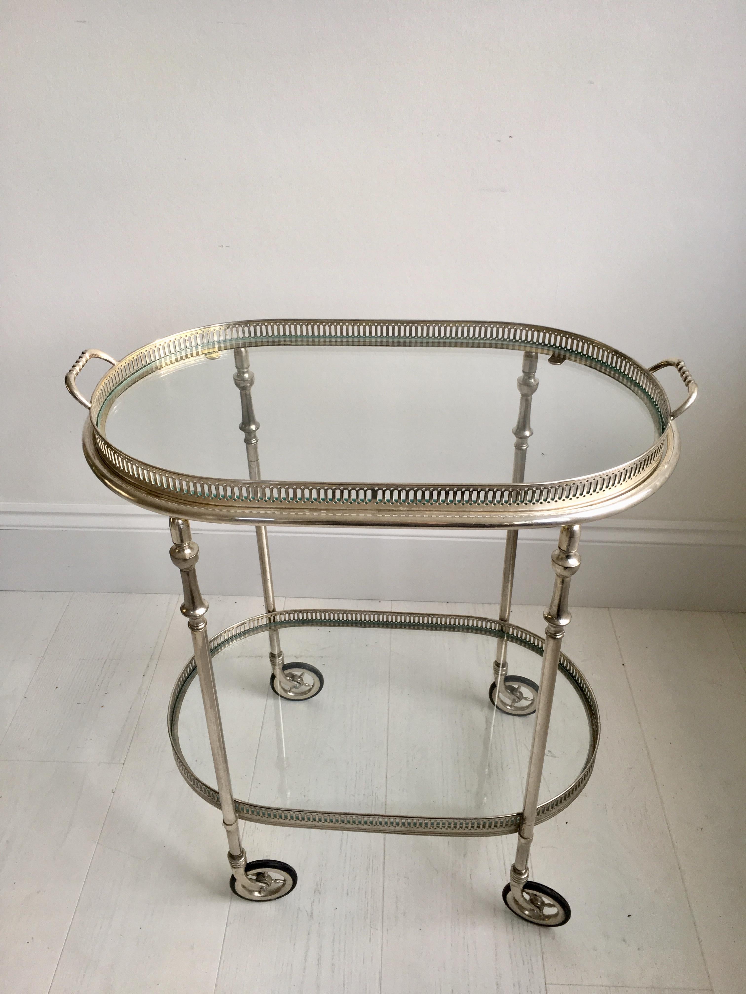Hollywood Regency Vintage French Silver Oval Drinks Trolley or Bar Cart
