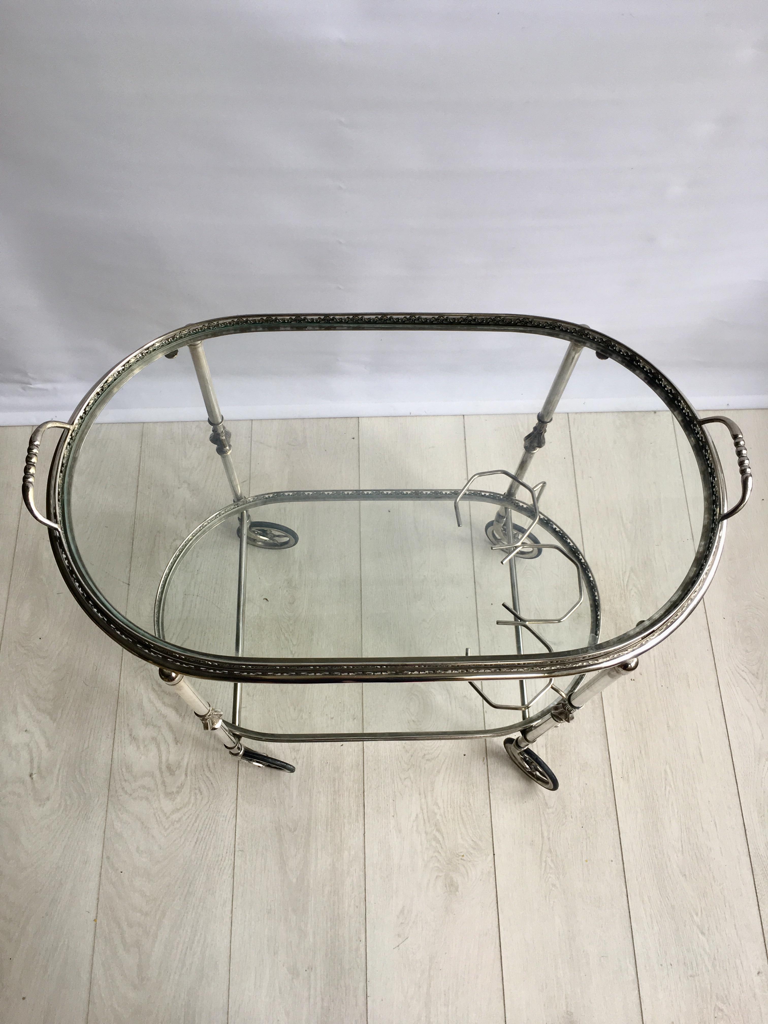 Hollywood Regency Vintage French Silver Oval Drinks Trolley or Bar Cart