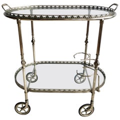 Vintage French Silver Oval Drinks Trolley or Bar Cart