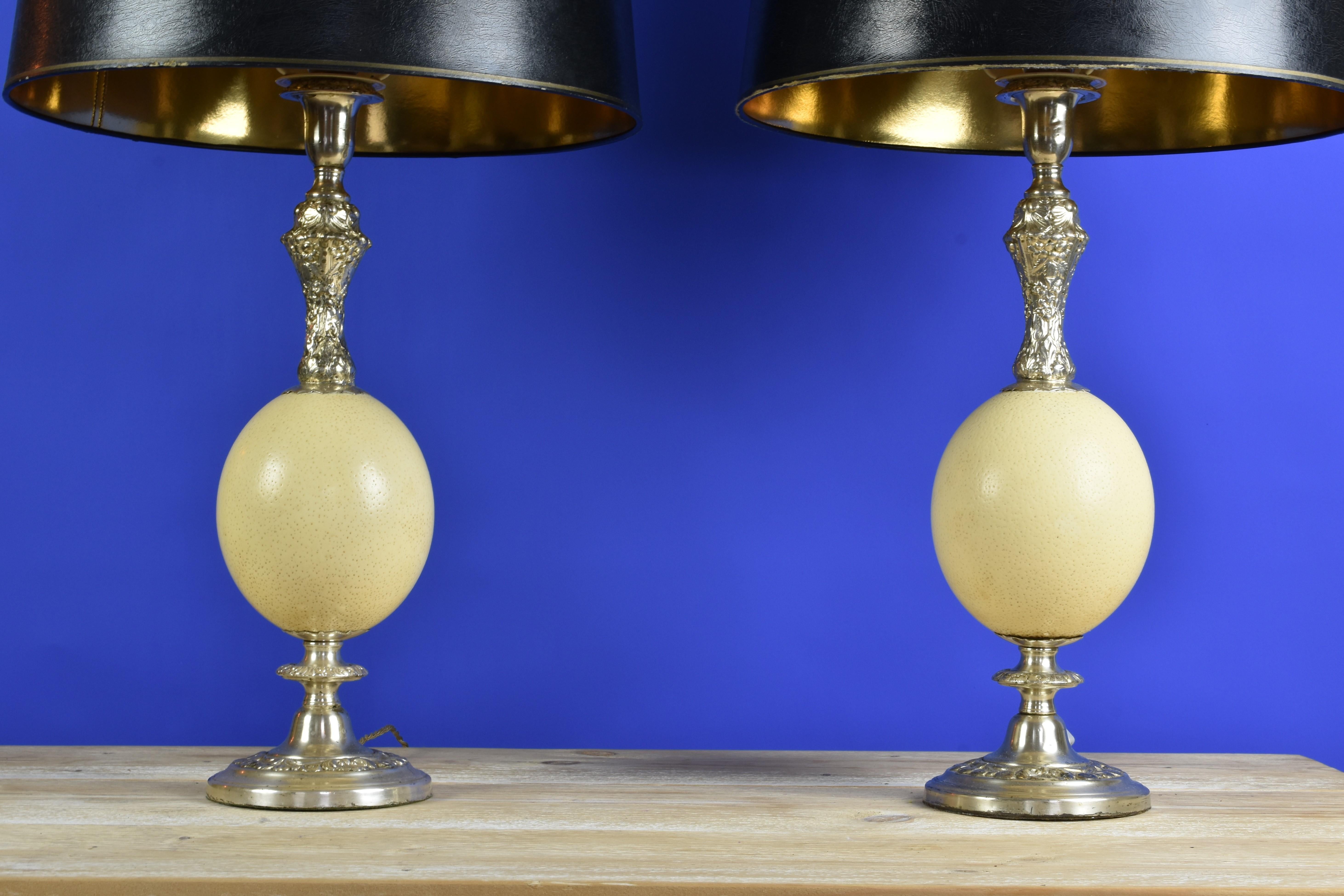 Mid-20th Century FINAL SALE Vintage French Silver Plate and Ostrich Egg Table Lamps For Sale