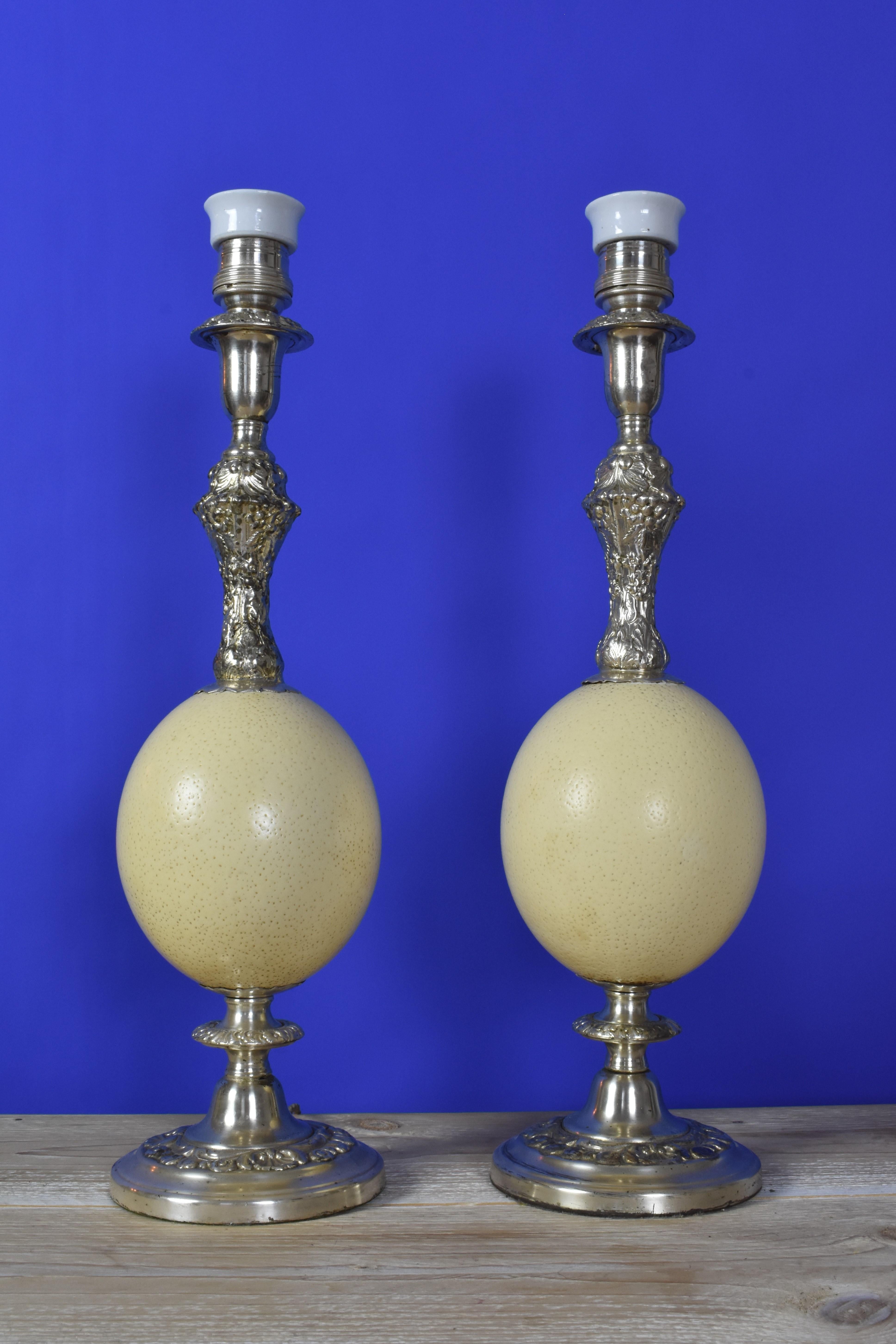 FINAL SALE Vintage French Silver Plate and Ostrich Egg Table Lamps For Sale 3