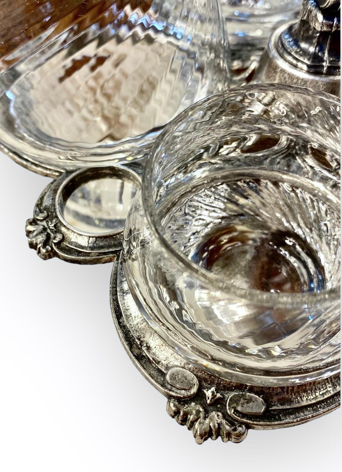 Mid-20th Century Vintage French Silver-Plate Cruet/Caddy Set Optic Glass