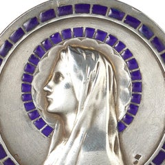 Vintage French Silver Virgin Mary Medal Pendant, Blue Plique-à-Jour Enamel