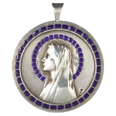 Vintage French Silver Virgin Mary Medal Pendant, Blue Plique-à-Jour Enamel