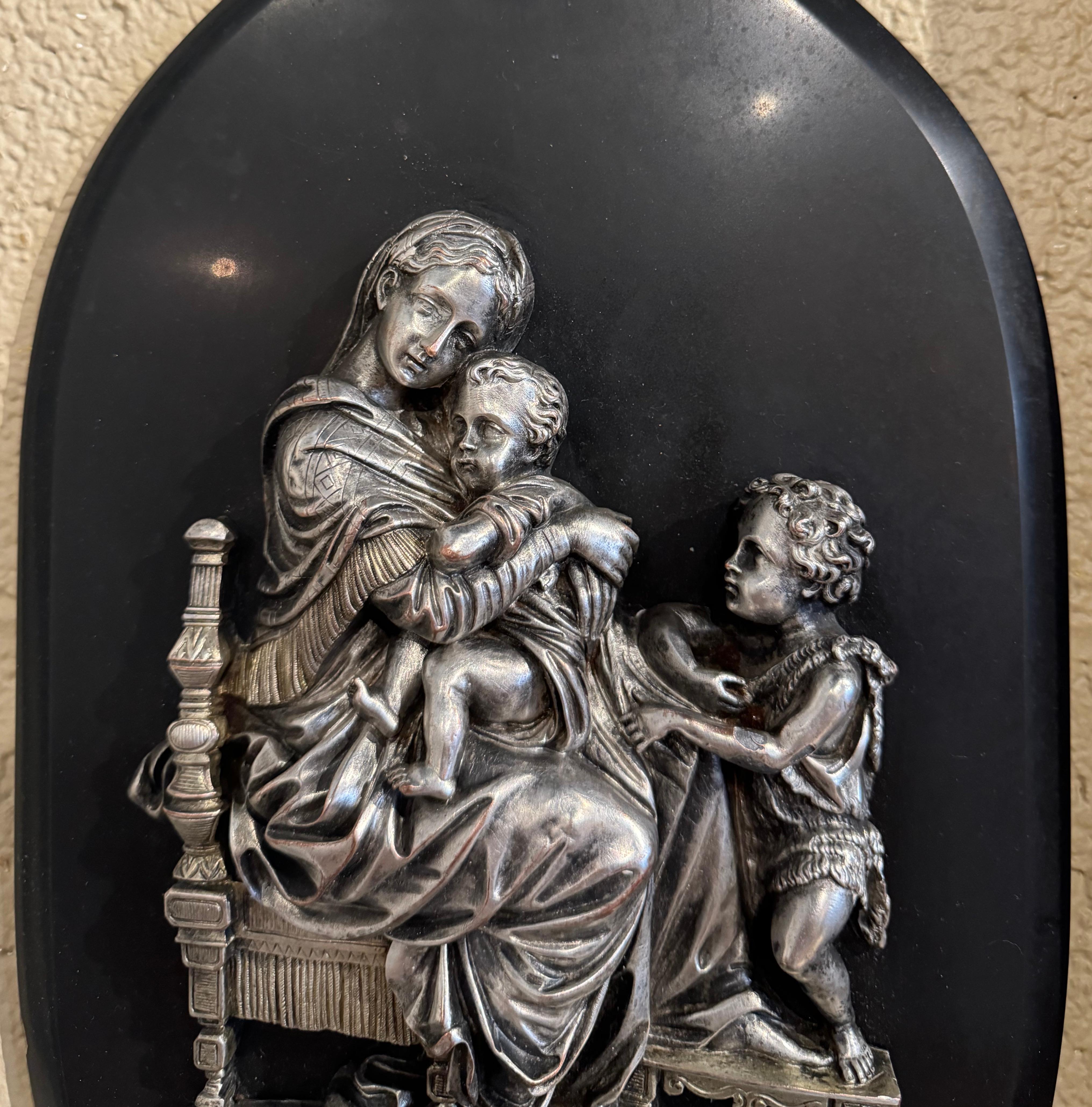 Hand-Carved Vintage French Silvered Pewter Holy Water Stoup with Virgin Mary Jesus & John For Sale