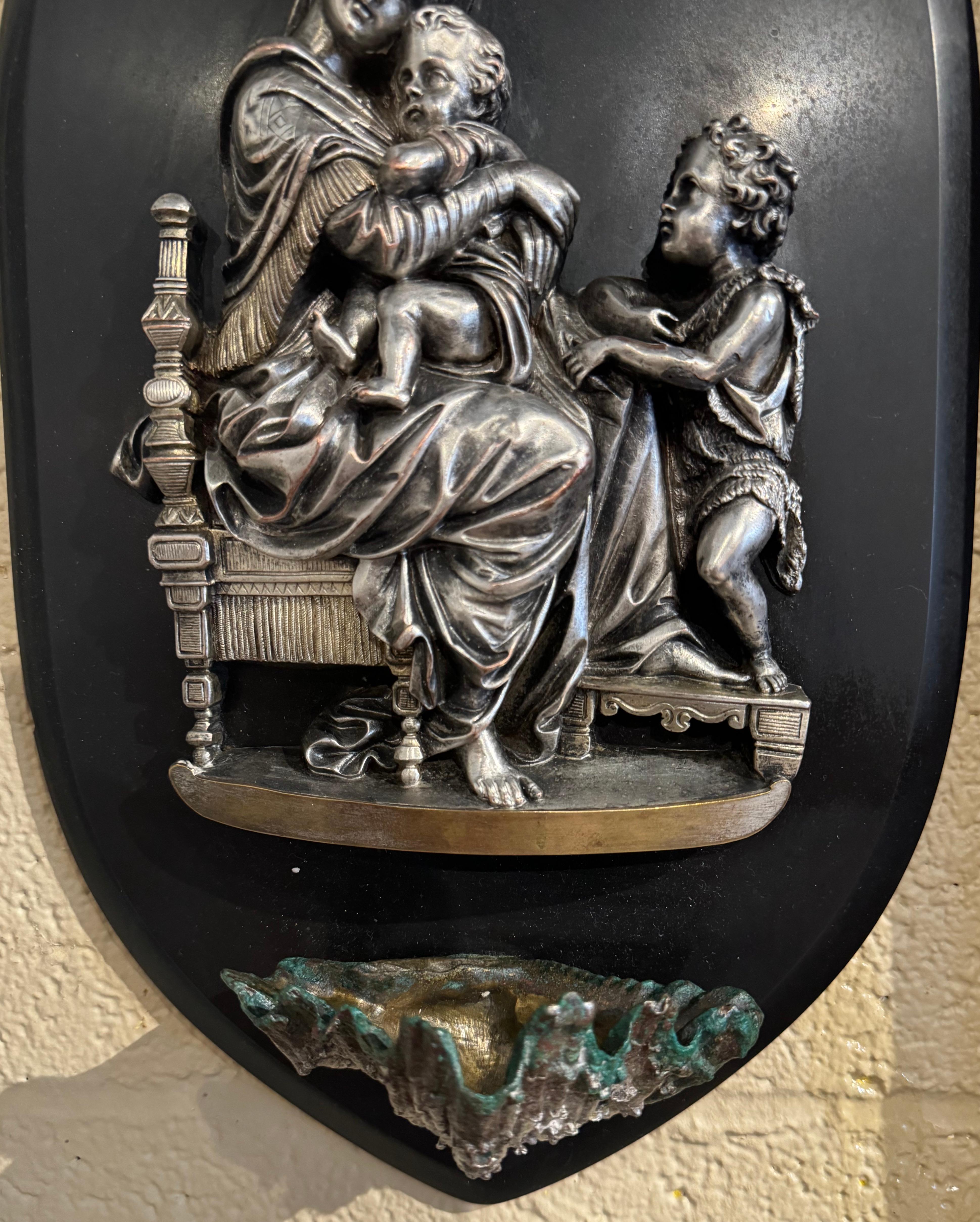 Vintage French Silvered Pewter Holy Water Stoup with Virgin Mary Jesus & John In Excellent Condition For Sale In Dallas, TX