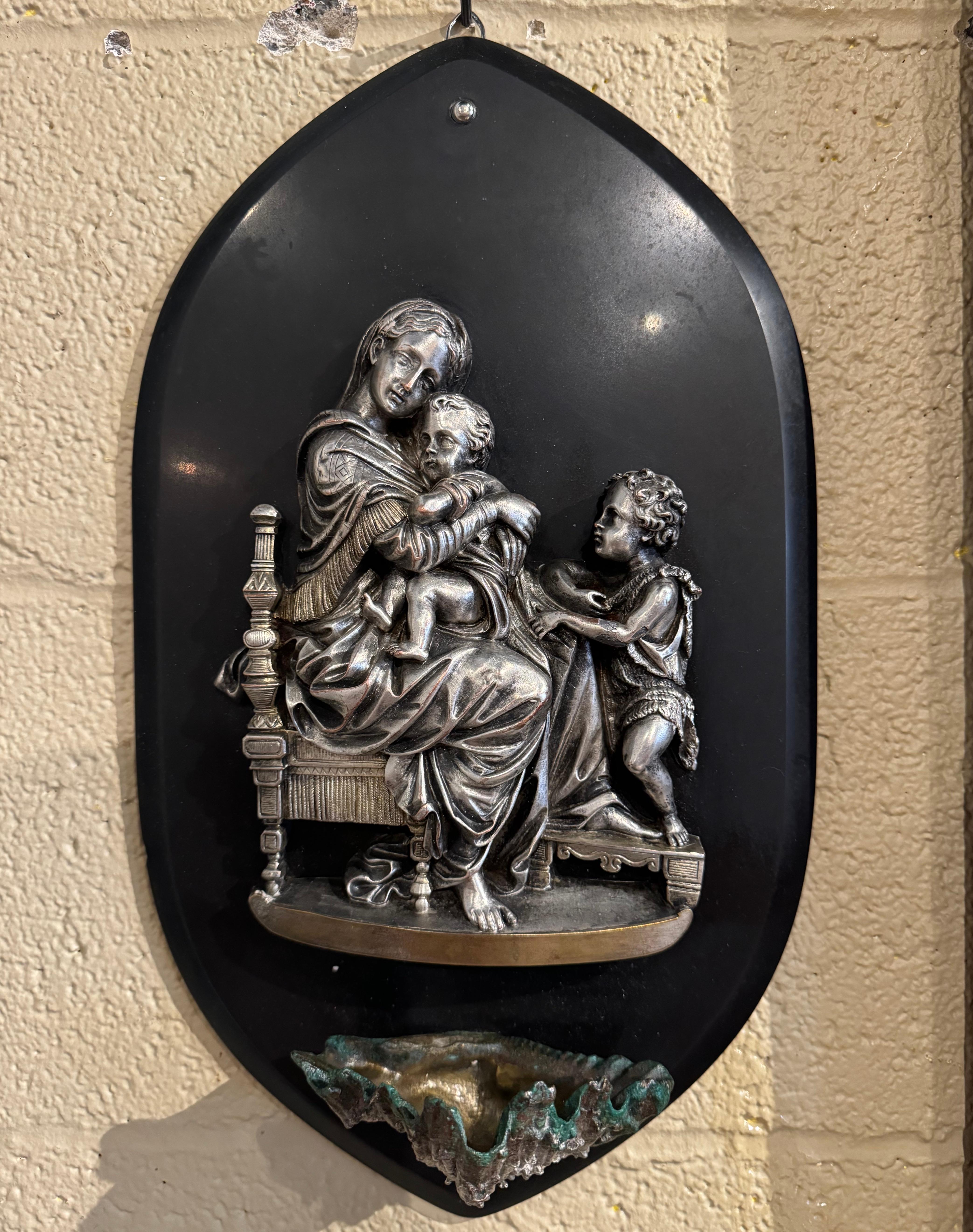20th Century Vintage French Silvered Pewter Holy Water Stoup with Virgin Mary Jesus & John For Sale