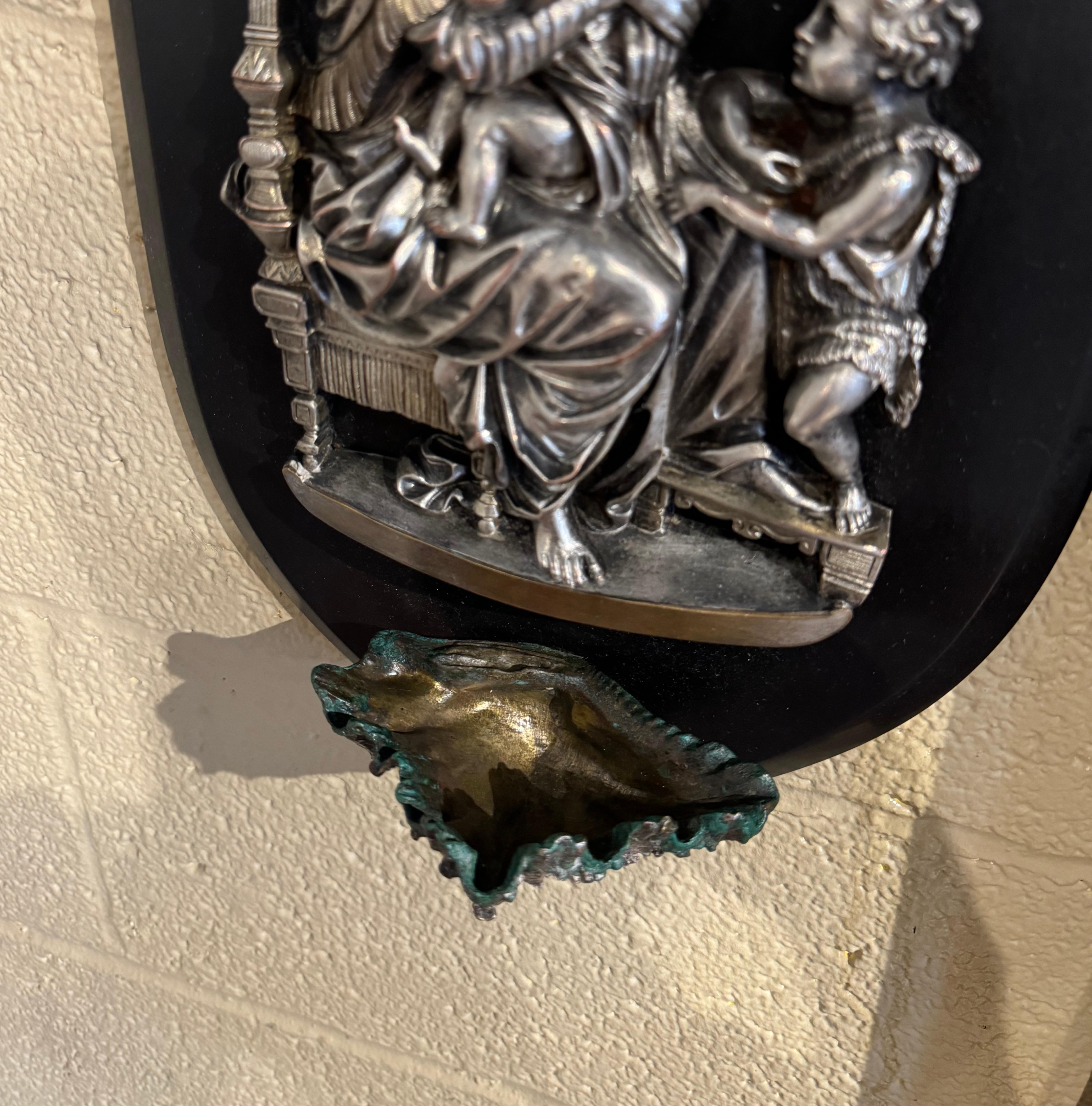 Vintage French Silvered Pewter Holy Water Stoup with Virgin Mary Jesus & John For Sale 1