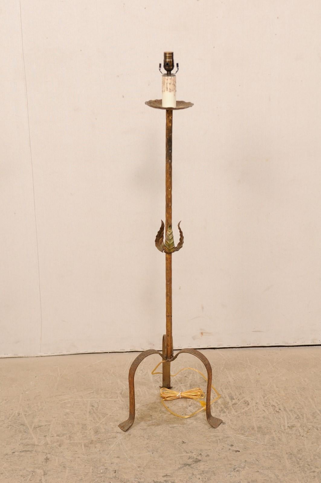 Patinated Vintage French Single Light Floor Lamp in Gold