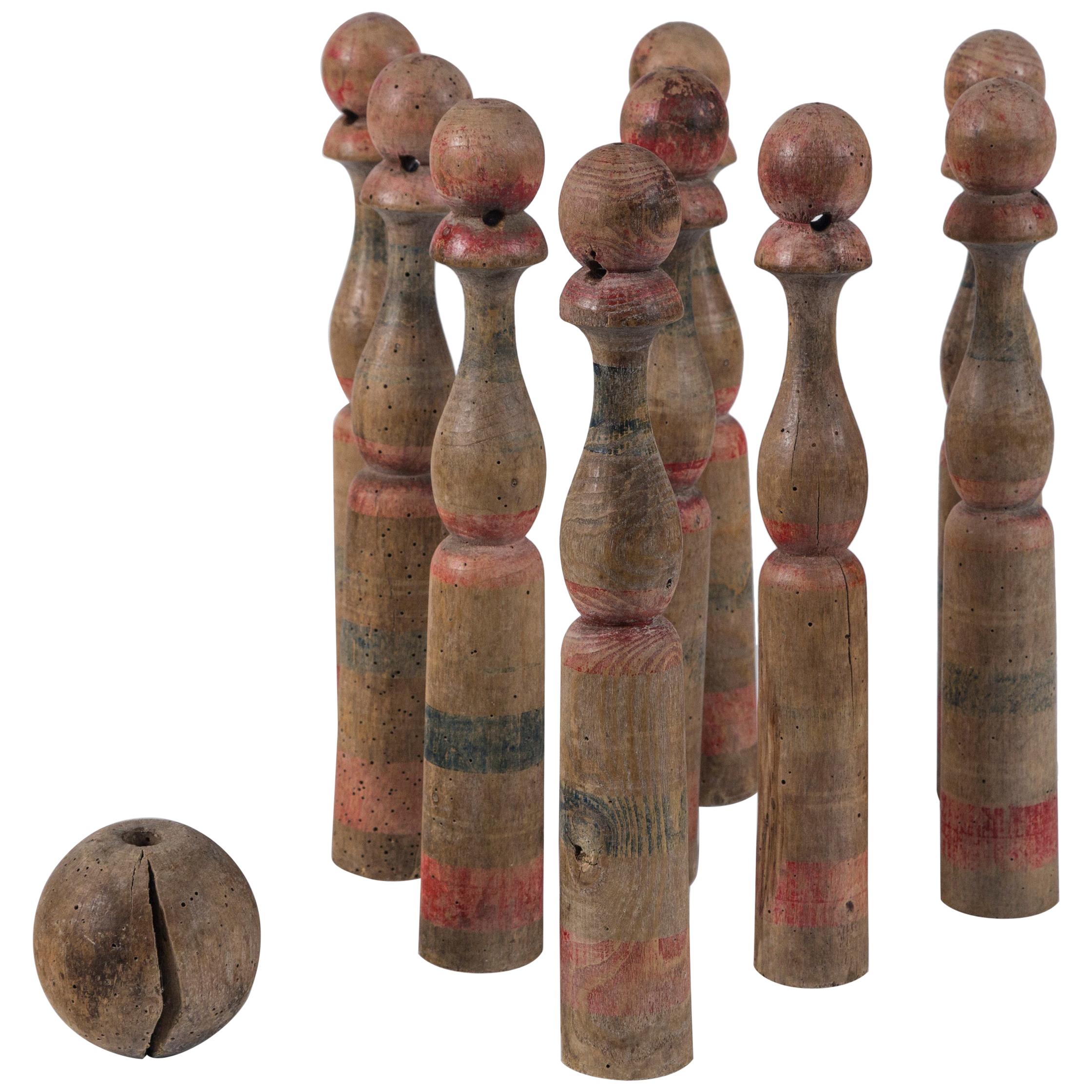 Gioco dei birilli francese d'epoca 'Jeu de Quilles de Neuf', 1920 circa