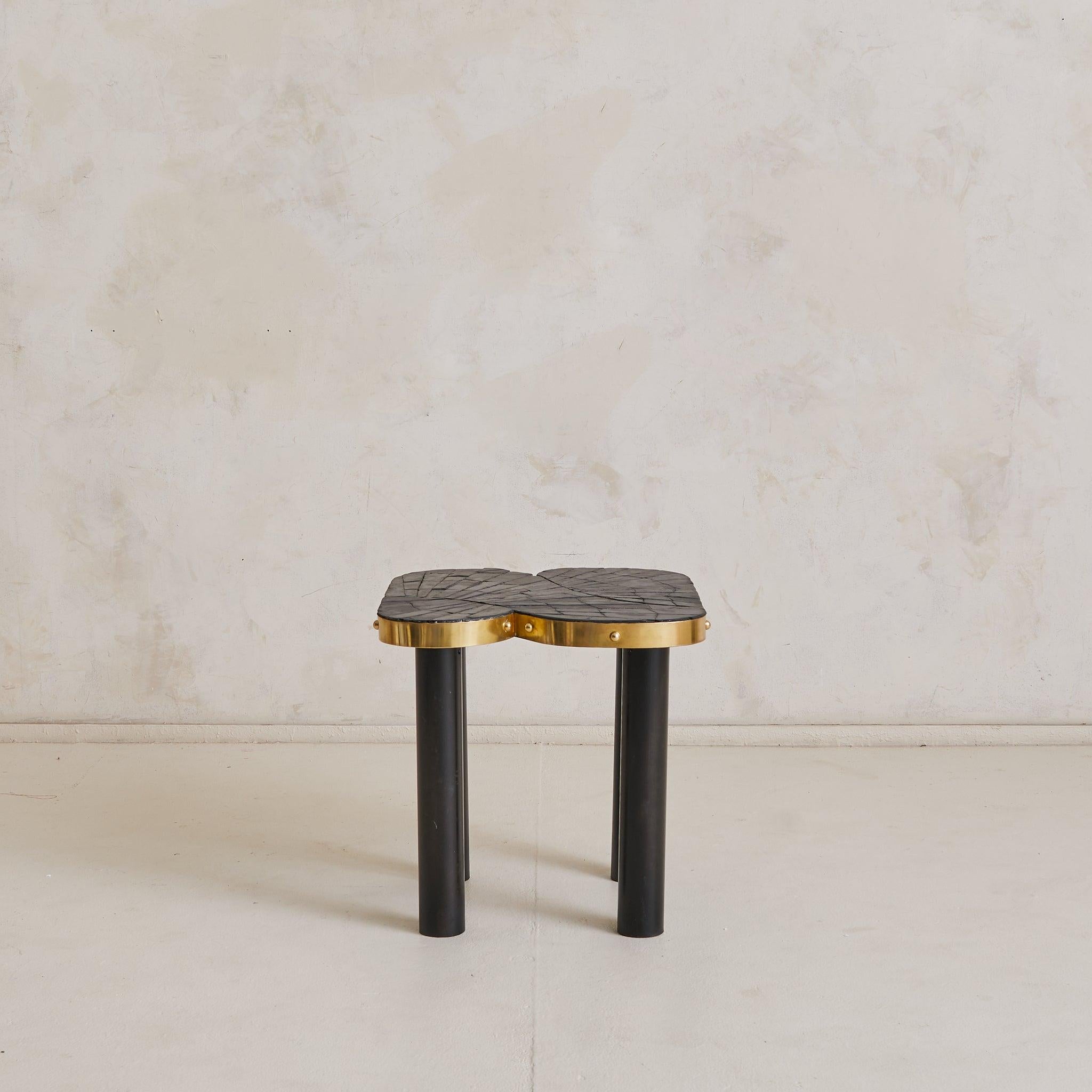 Vintage French Slate + Brass Side Table Signed MARLO Moderno en venta