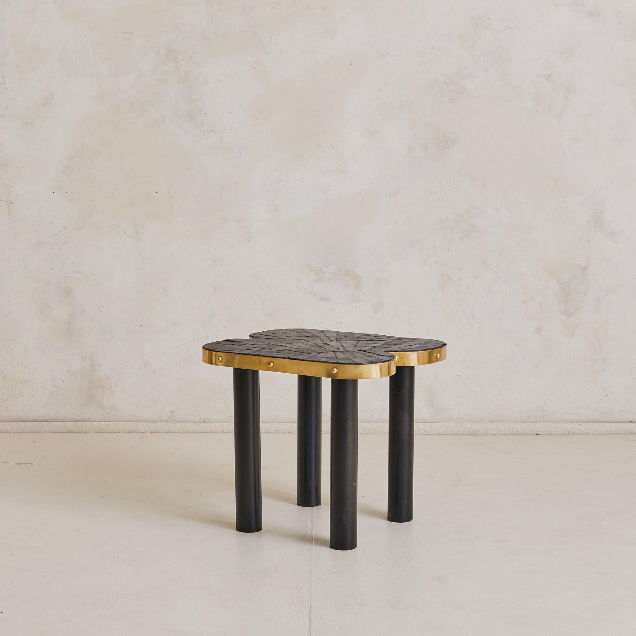 Vintage French Slate + Brass Side Table Signed MARLO Francés en venta