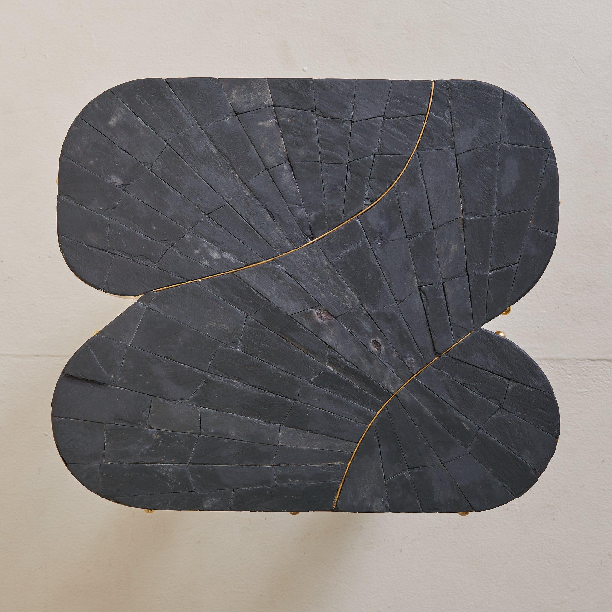 Vintage French Slate + Brass Side Table Signed MARLO en Bueno estado para la venta en Chicago, IL