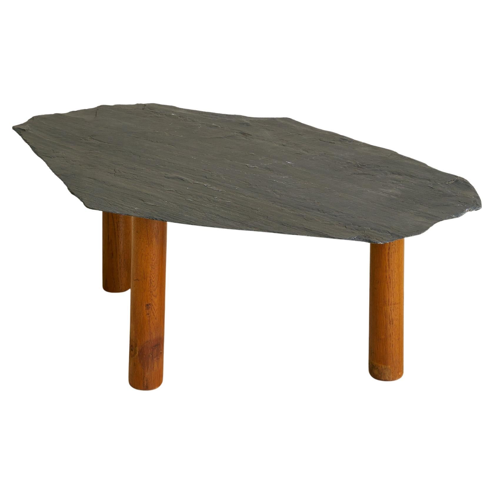 Vintage French Slate Top Coffee Table with Three Wooden Legs