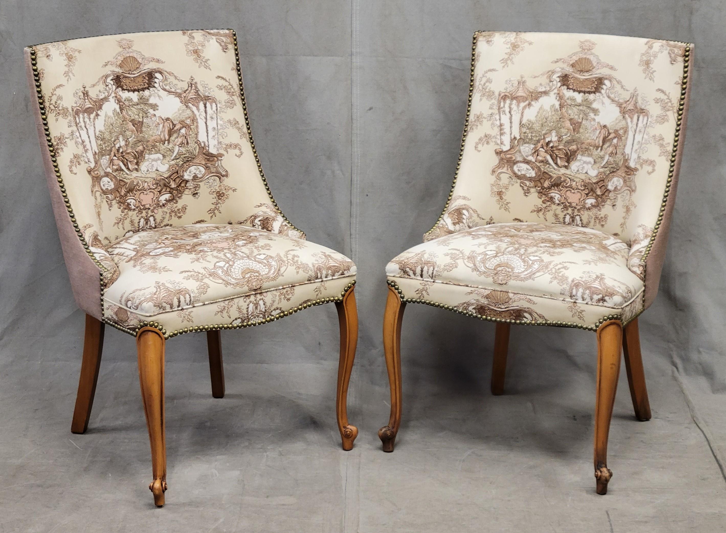 French Provincial Vintage French Slipper Chairs with Toile Upholstery, a Pair