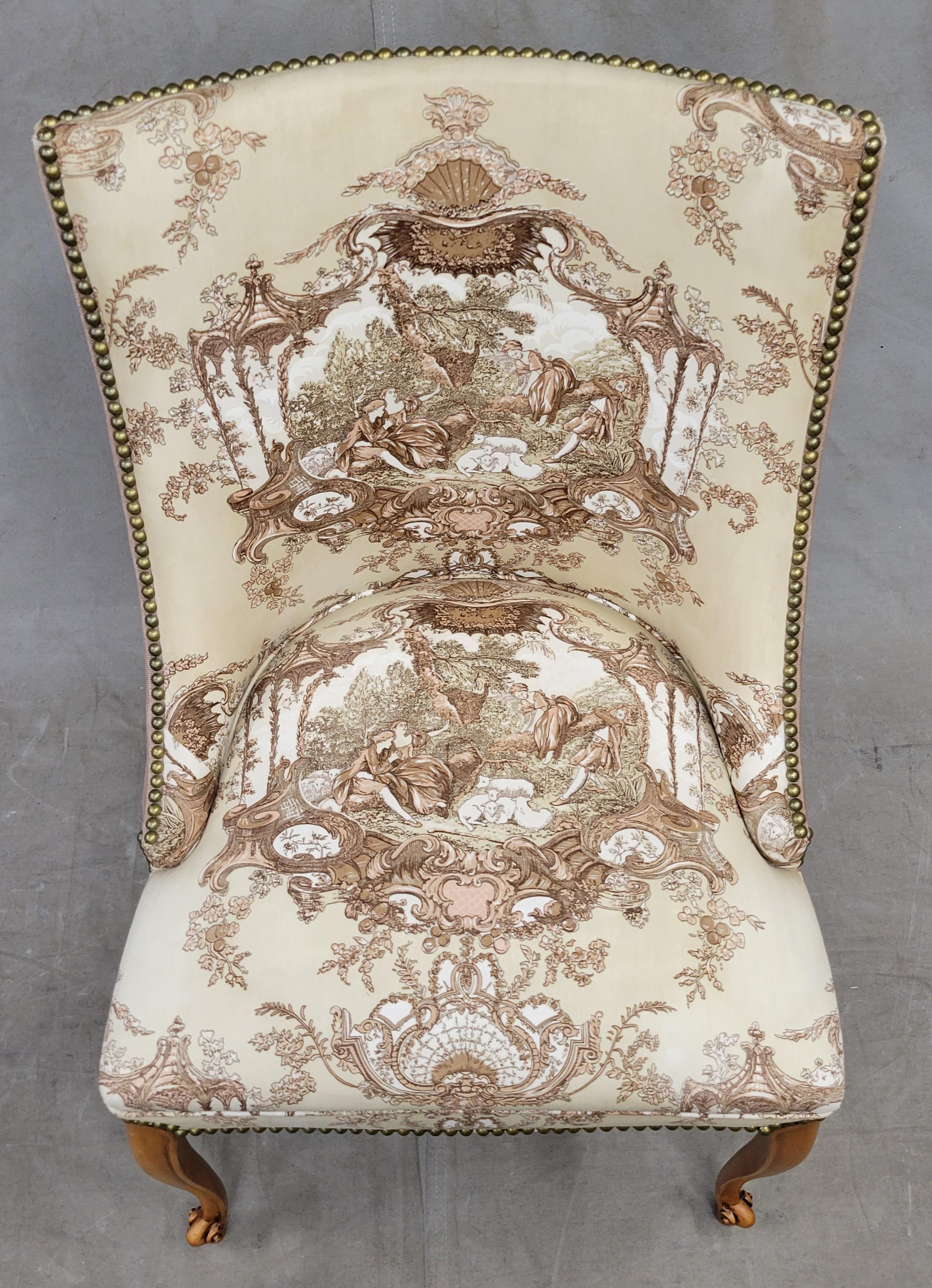 Cotton Vintage French Slipper Chairs with Toile Upholstery, a Pair