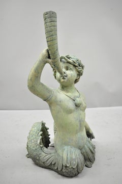 Vintage French Small Figural Bronze Garden Fountain Mermaid Boy Blowing Horn